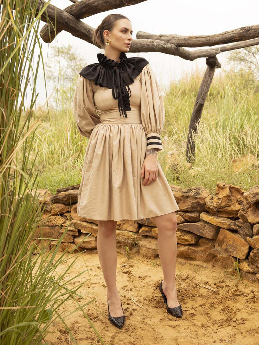 JORASA Tie-Up Neck Puff Sleeves Fit and Flare  Dress