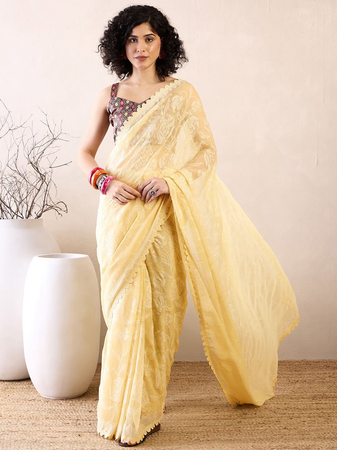 Saree Mall Ready To Wear Woven Design Beads And Stones Poly Chiffon Bagru Sarees - Sarees for Women 30166927 | Myntra