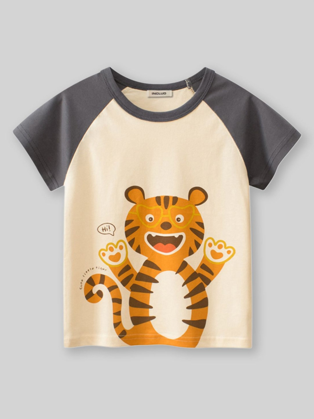 INCLUD Boys Tiger Graphic Printed Cotton Round Neck Raglan Sleeves T-shirt
