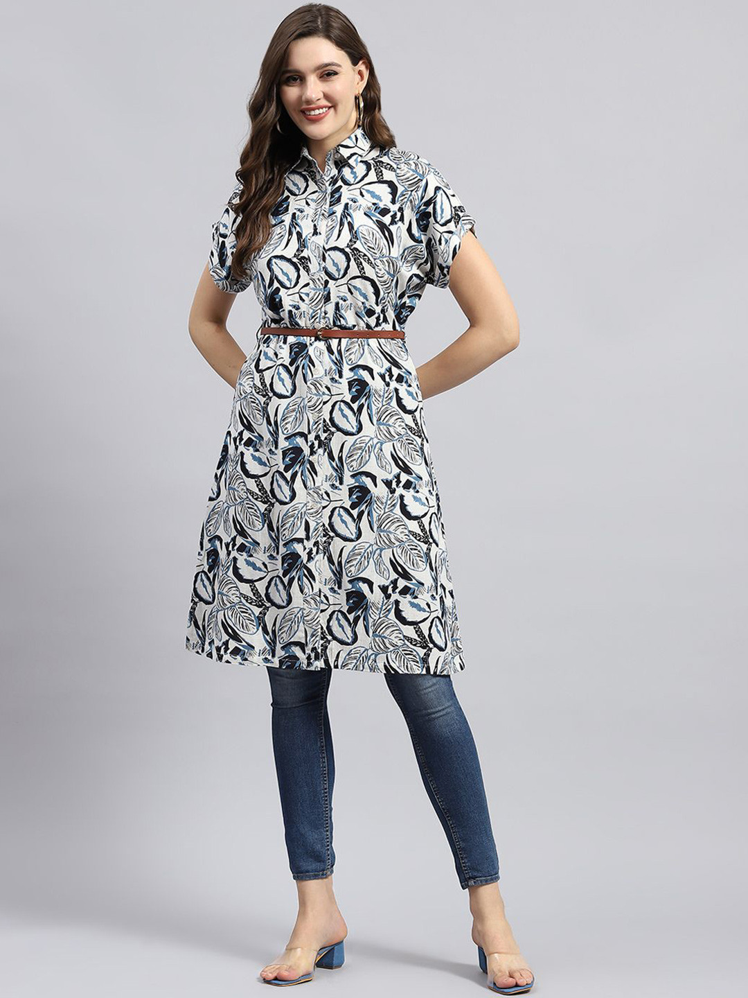 Monte Carlo Womens Navy Blue Printed Shirt Collar Printed  Neck Half Sleeve Tunic