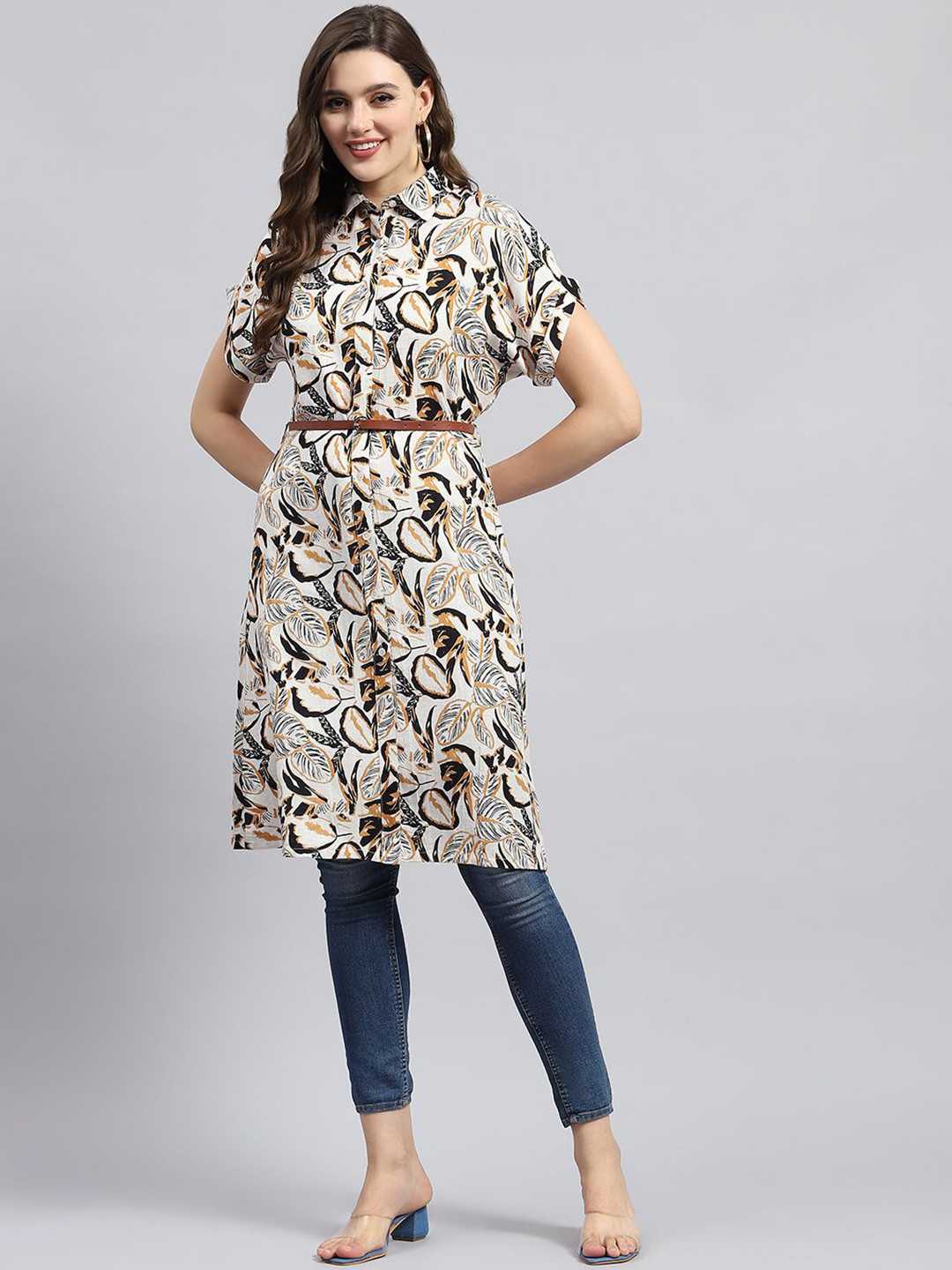 Monte Carlo Shirt Collar Womens Brown & Black Printed Neck Half Sleeve Tunic