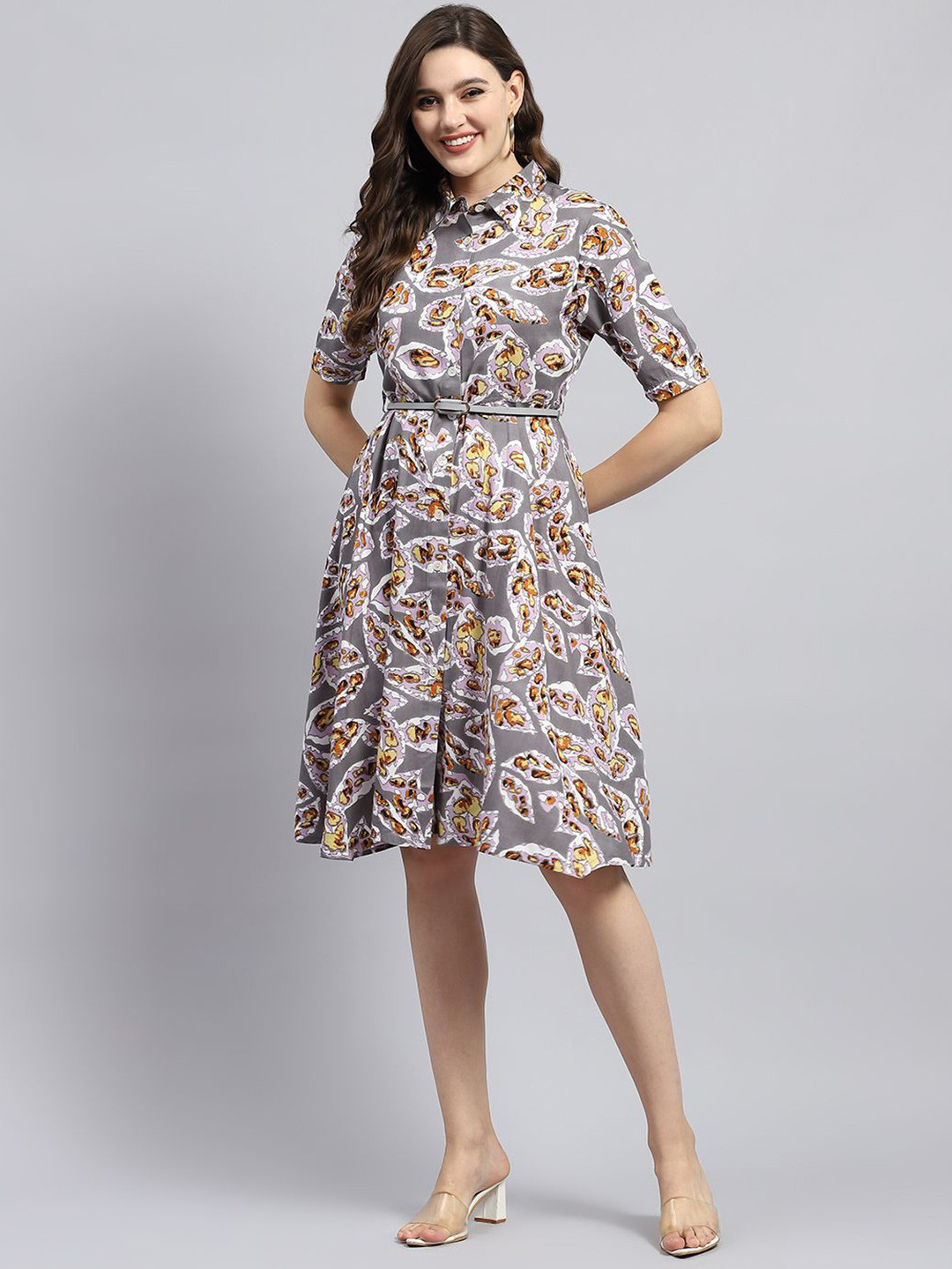 Monte Carlo Women Printed Collared Neck Shirt Dress
