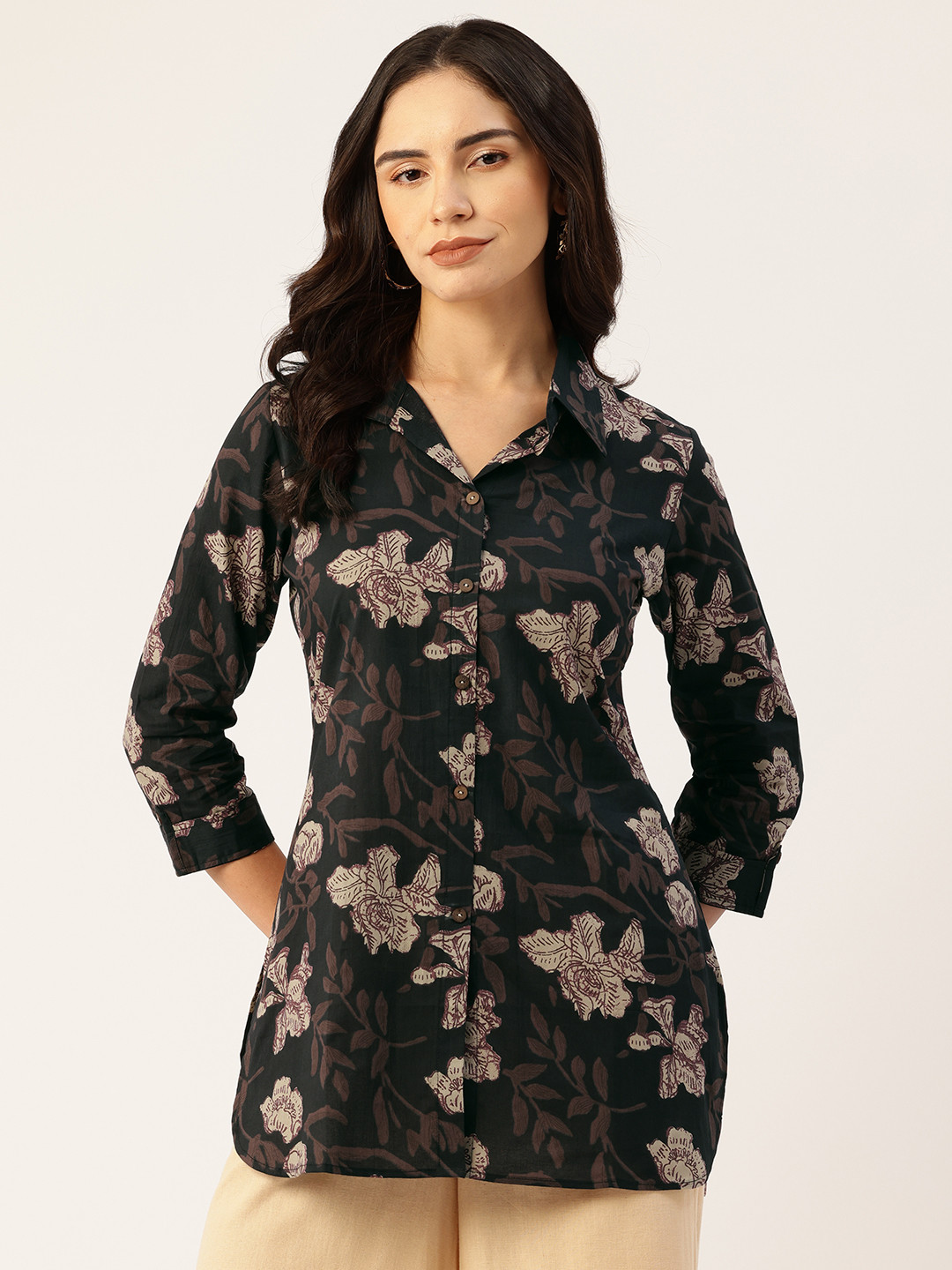 FERANOID Floral Print Roll-Up Sleeves Pure Cotton Shirt Style Longline Top