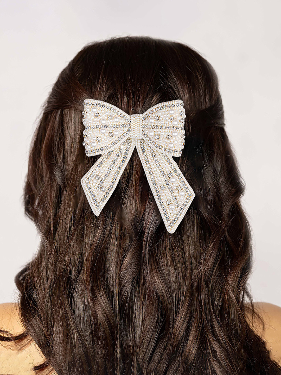 HAIR DRAMA CO. Women Crystal & Pearls Embellished Hair Bow Barrette Clip