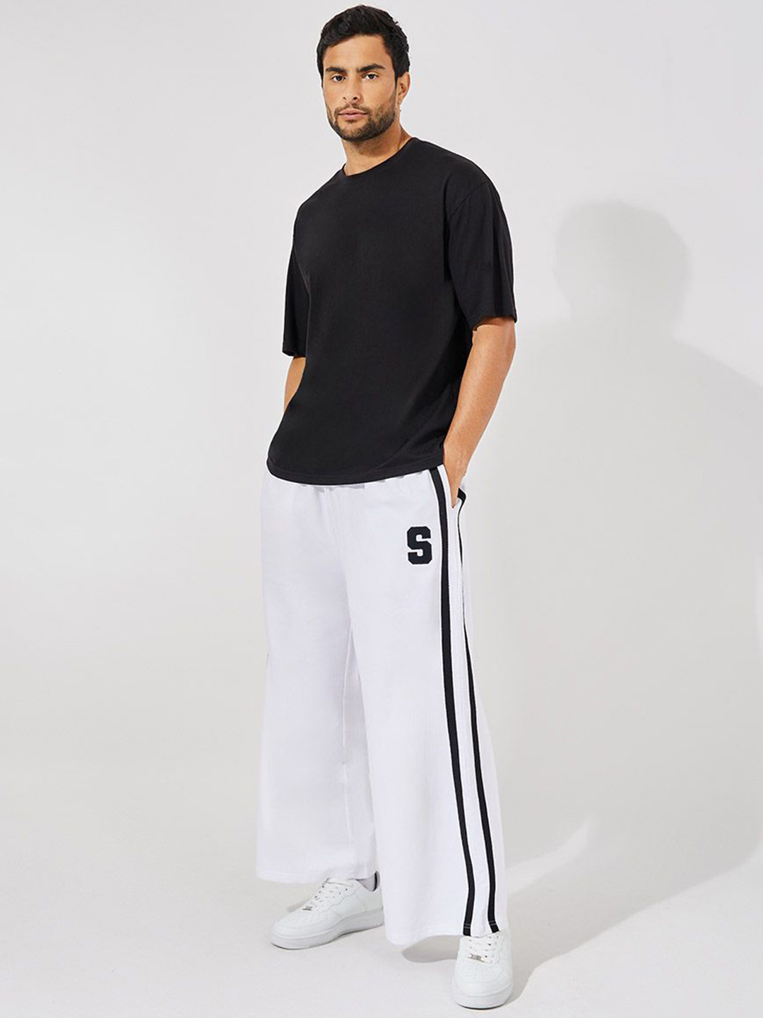 Styli Men White Premium Side Tape Wide Leg Jogger With Twill Applique Embroidery Badge