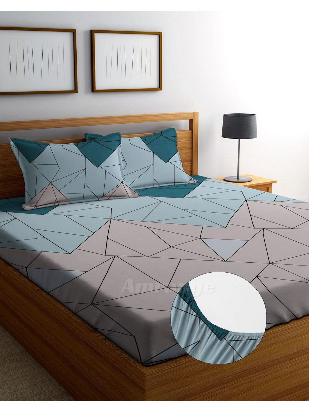 AMRANGE Blue Geometric Microfiber Breathable 250 TC Fitted King Fine Bedsheet with 2 Pillow Covers-78 x 73 inches