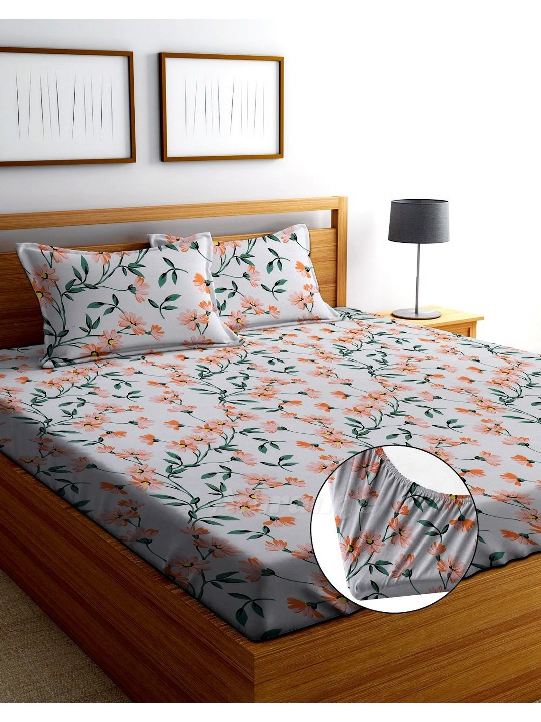 AMRANGE White Floral Microfiber 250 TC Fitted King Fine Bedsheet with 2 Pillow Covers-78 x 73 inches