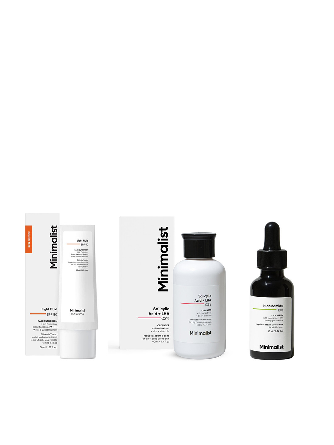 Minimalist Set of SPF50 Face Sunscreen + Niacinamide Face Serum + Salicylic Acid Face Wash