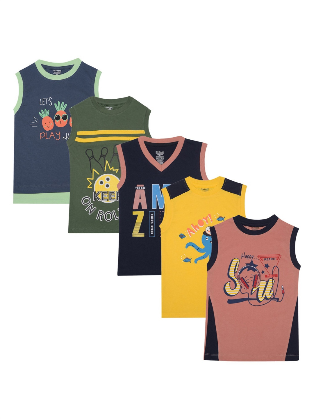 Dollar Champion Kidswear Boys Pack Of 5 Graphic Printed Round Neck Cotton T-Shirt