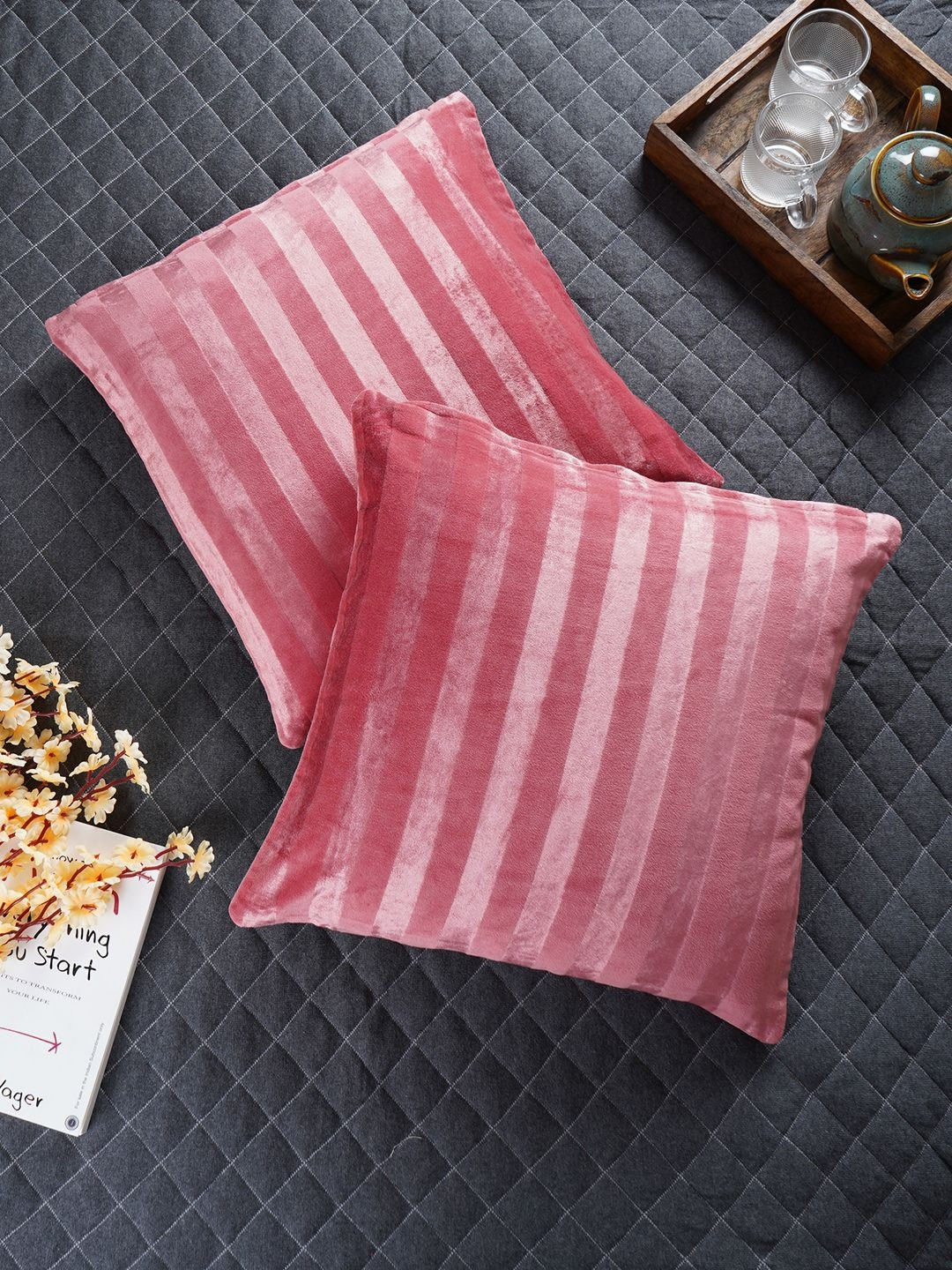 Aura Pink Striped Velvet Washable 5 Zari Square Cushion Covers -15.5x15.5In
