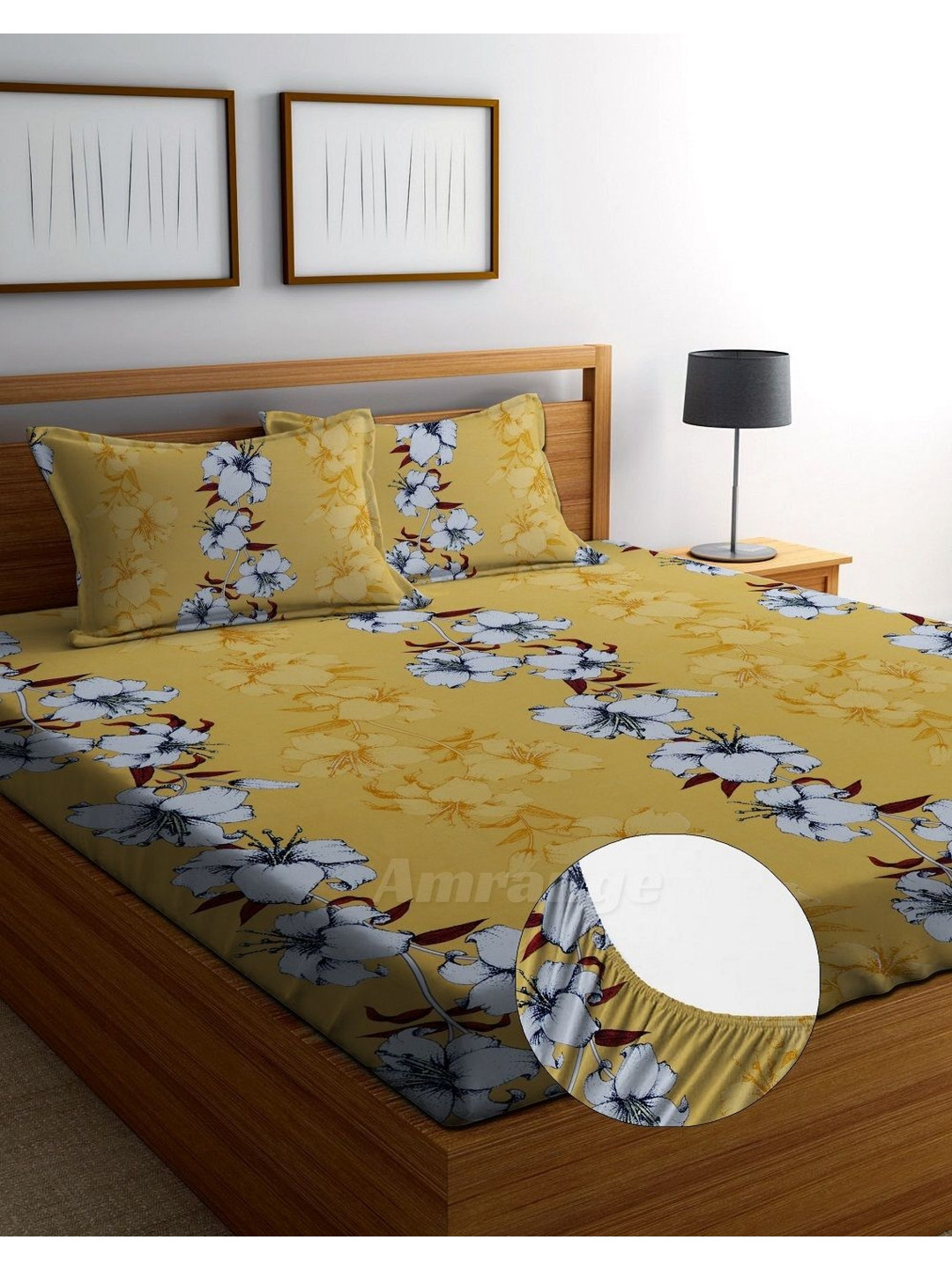 AMRANGE Yellow Floral Microfiber Breathable 250 TC Fitted King Fine Bedsheet with 2 Pillow Covers-78 x 73 inches