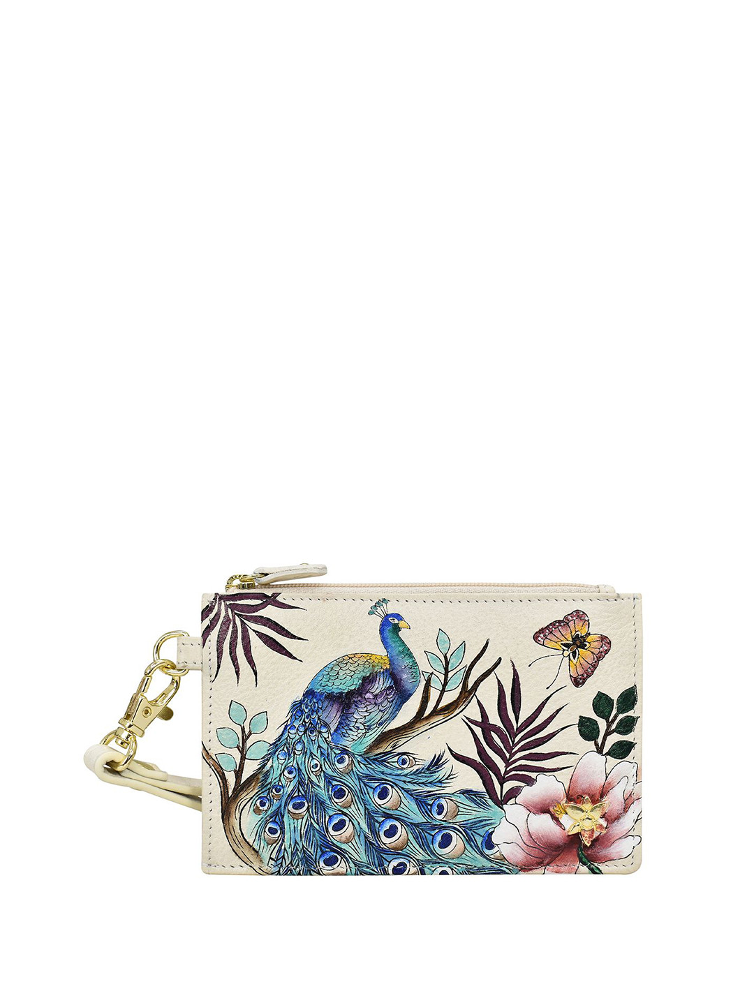 Anuschka Women's Pretty Peacocks Hand-Painted Leather Card Holder with Wristlet