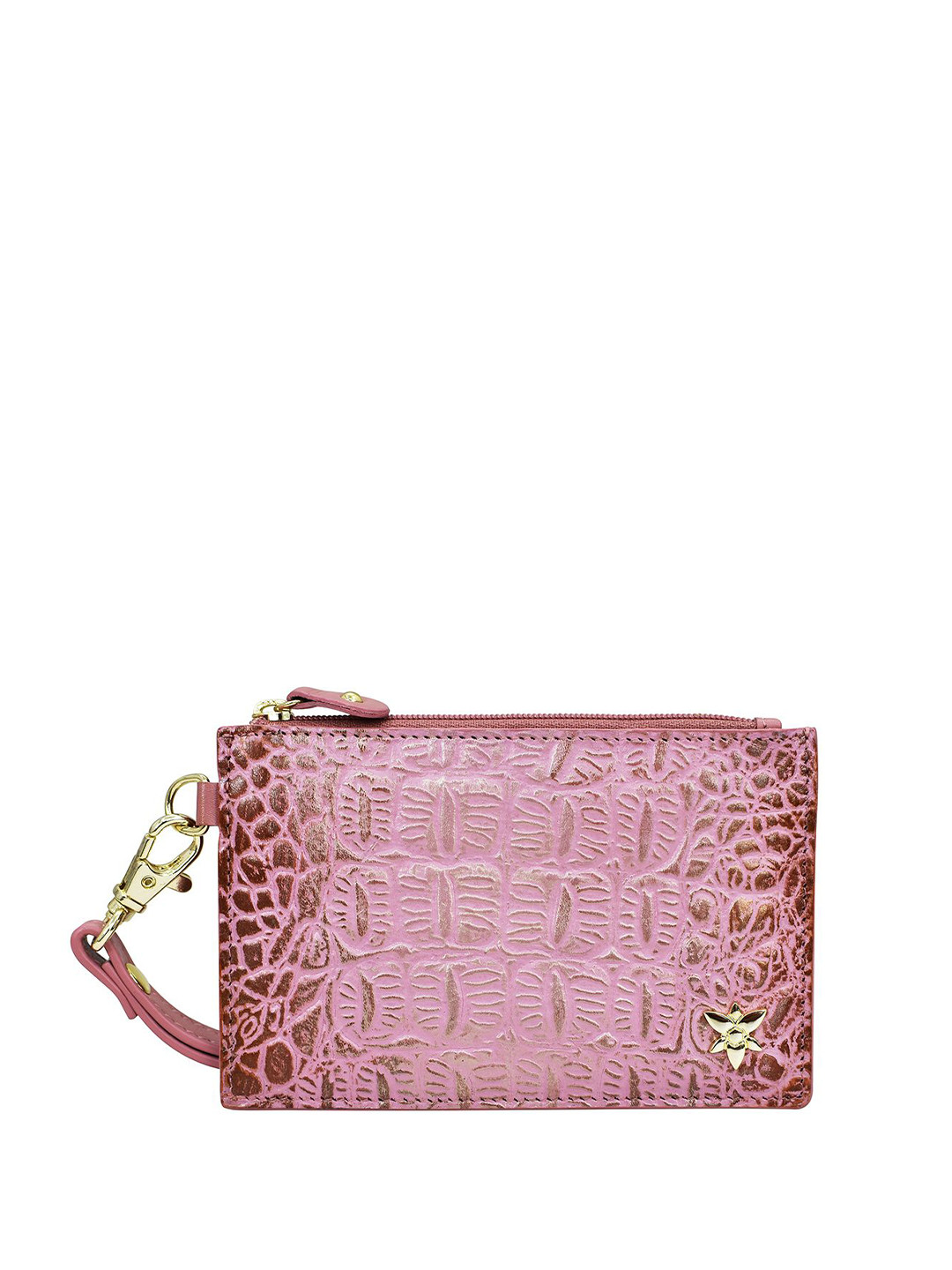 Anuschka Women Croc Embossed Blush Gold Hand-Painted Leather Card Holder with Wristlet