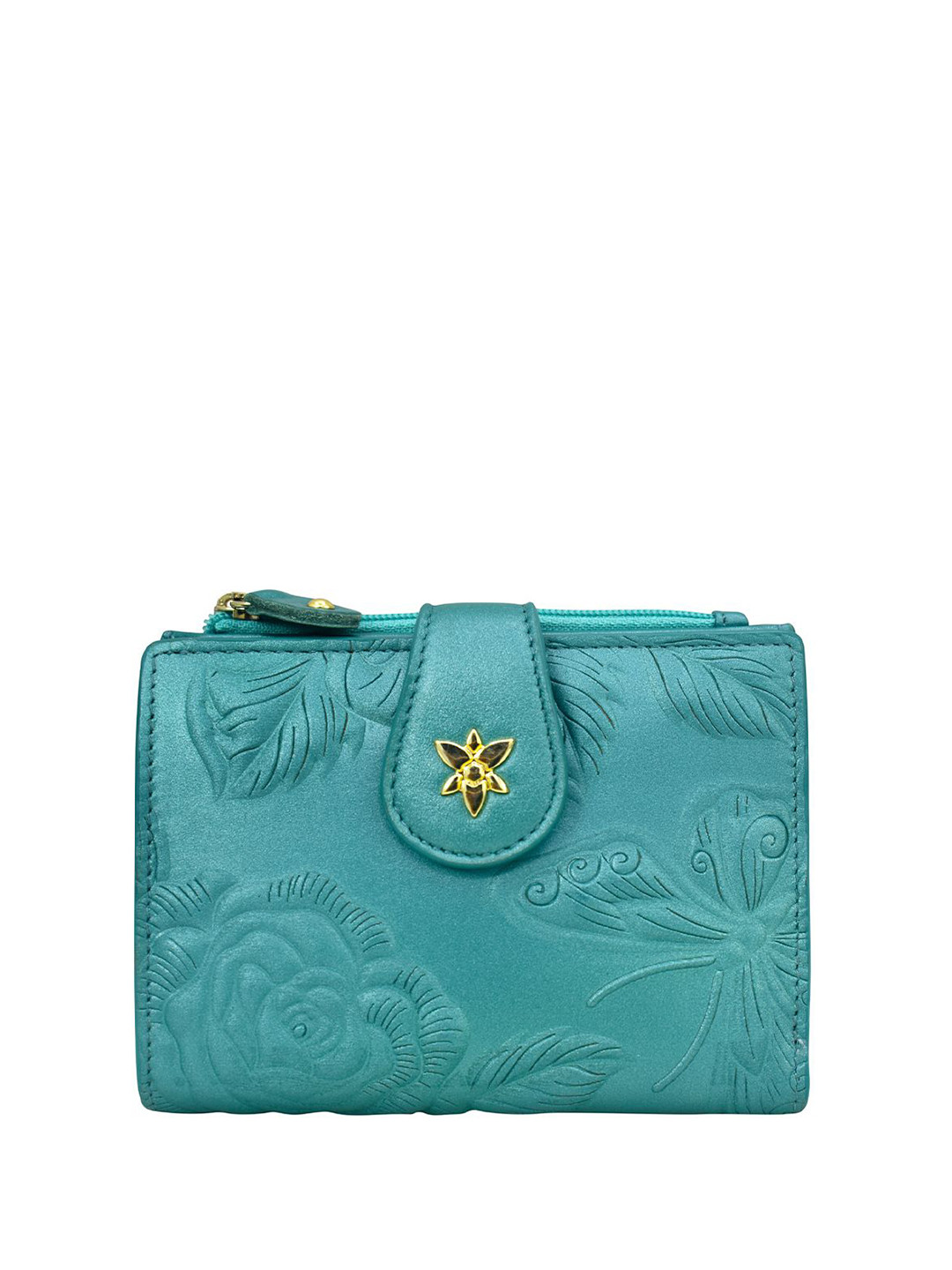 Anuschka Hand Painted Tooled Rose Teal Leather Two Fold Organizer Wallet