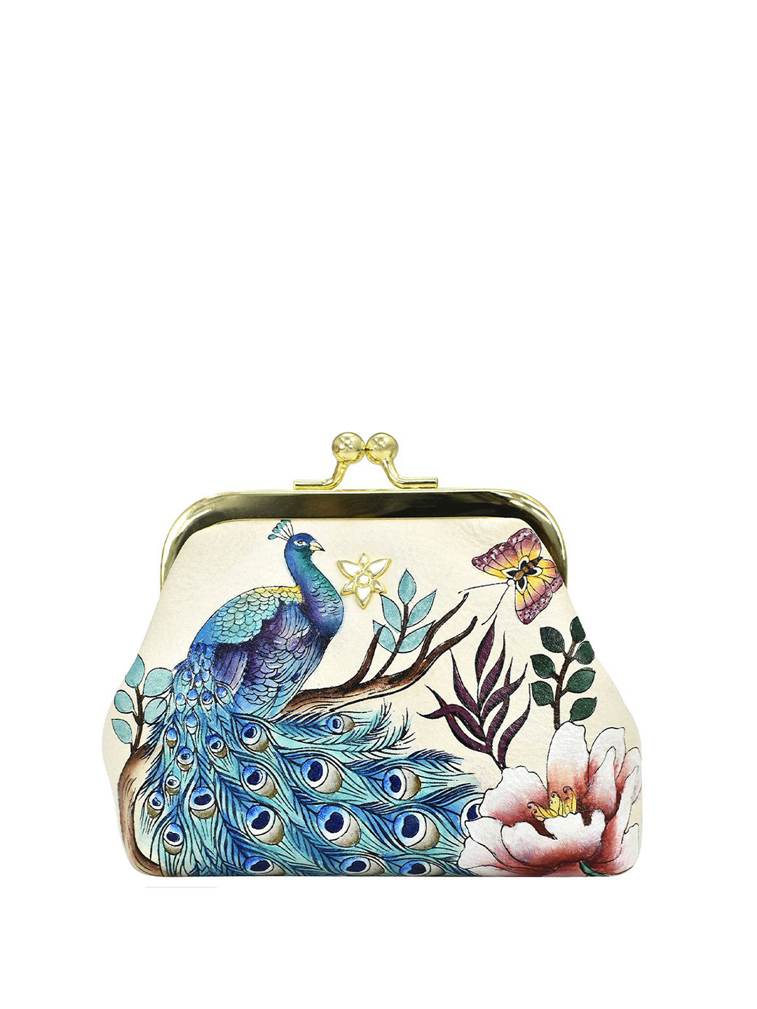 Anuschka Women Pretty Peacocks Hand painted Leather Clasp Pouch With Key Fobs