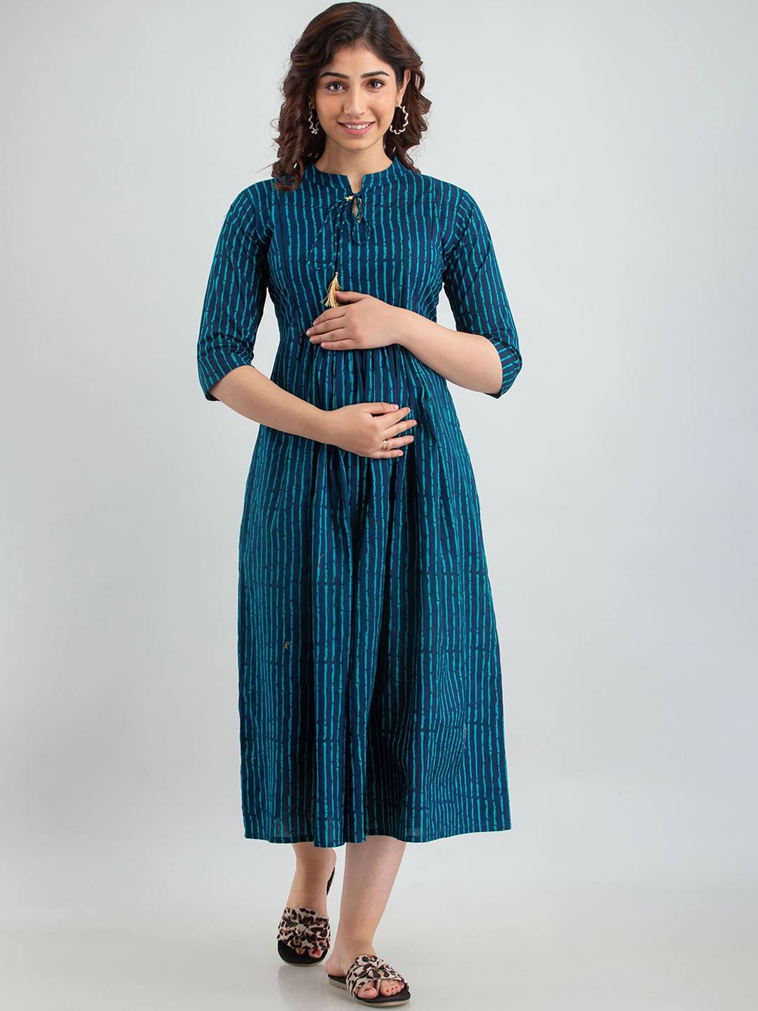 VARICOS Striped Tie-Up Neck Cotton Fit and Flare Mini Maternity Dress