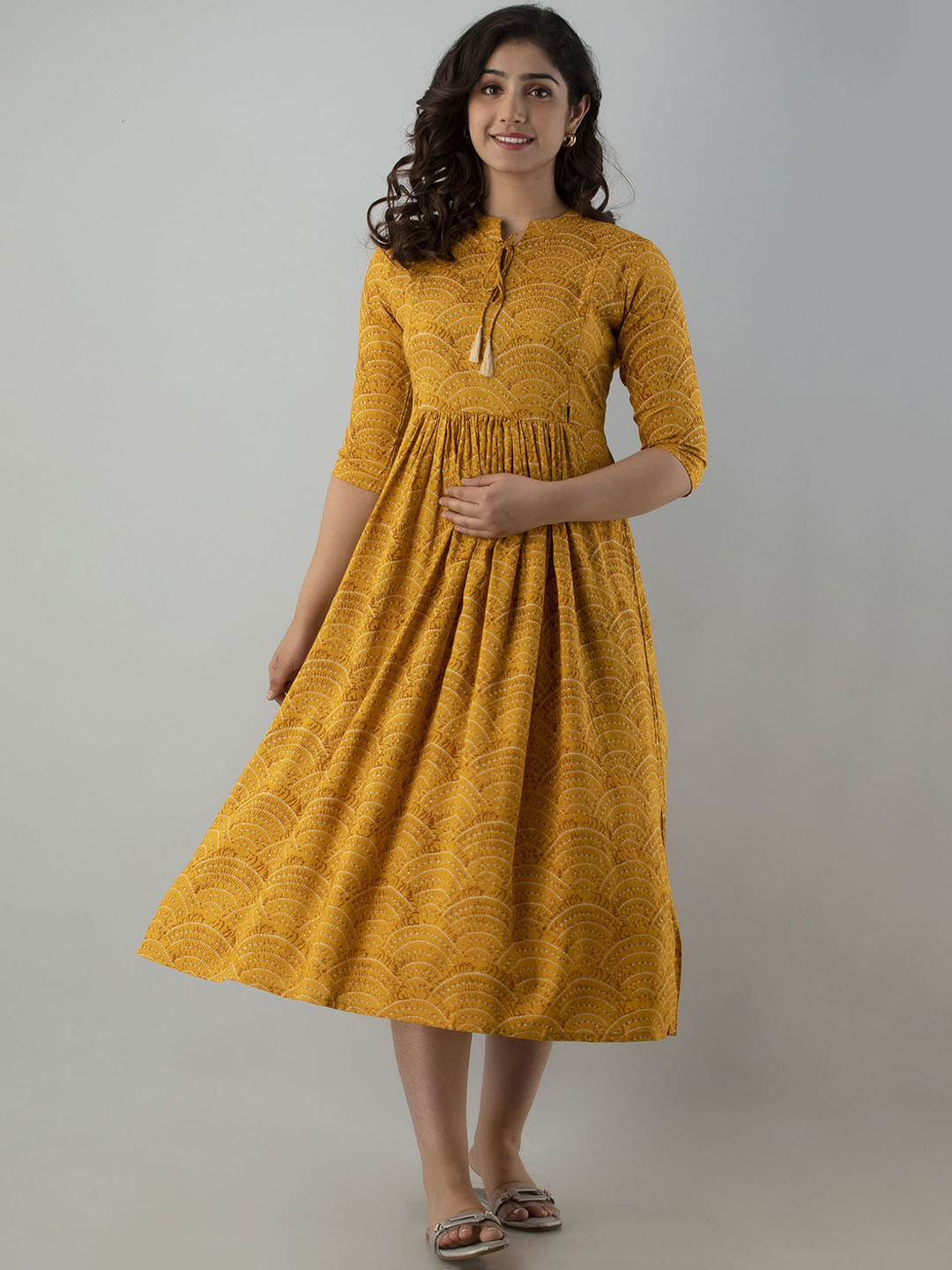 VARICOS Geometric Printed Tie-Up Neck Cotton Fit and Flare Mini Maternity Dress