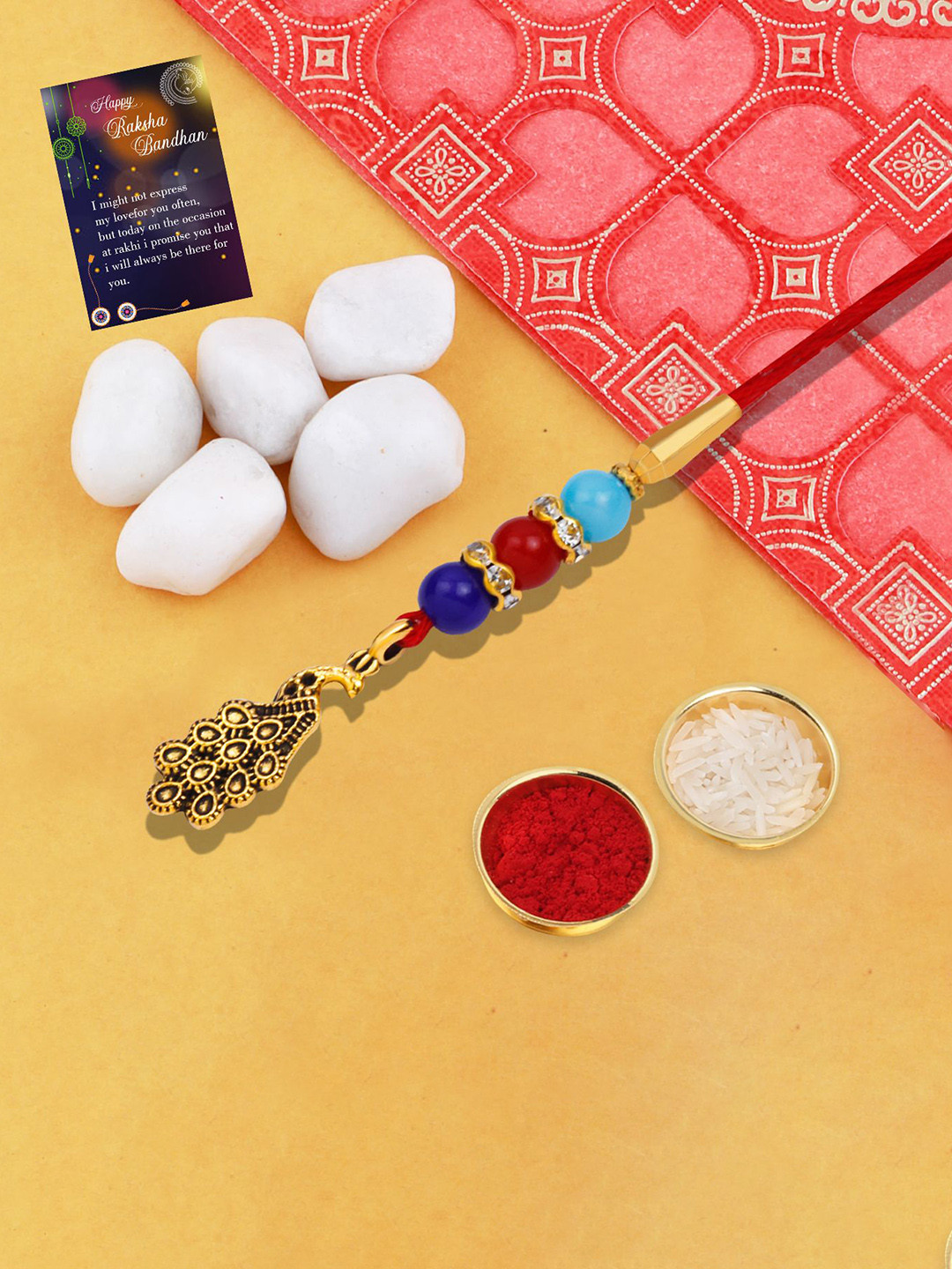 Silver Shine Beaded Rakhi With Roli Chawal & Greeting Card