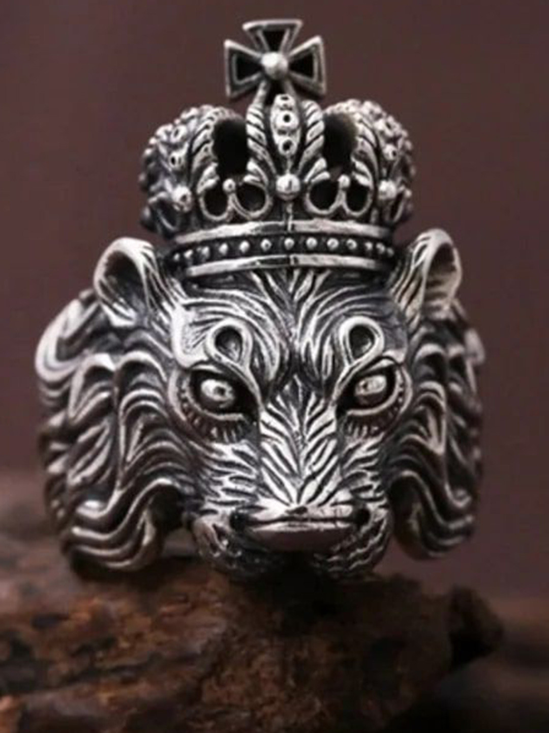Zoey Silver Plated Antique Oxidized Crown Lion Adjustable Ring