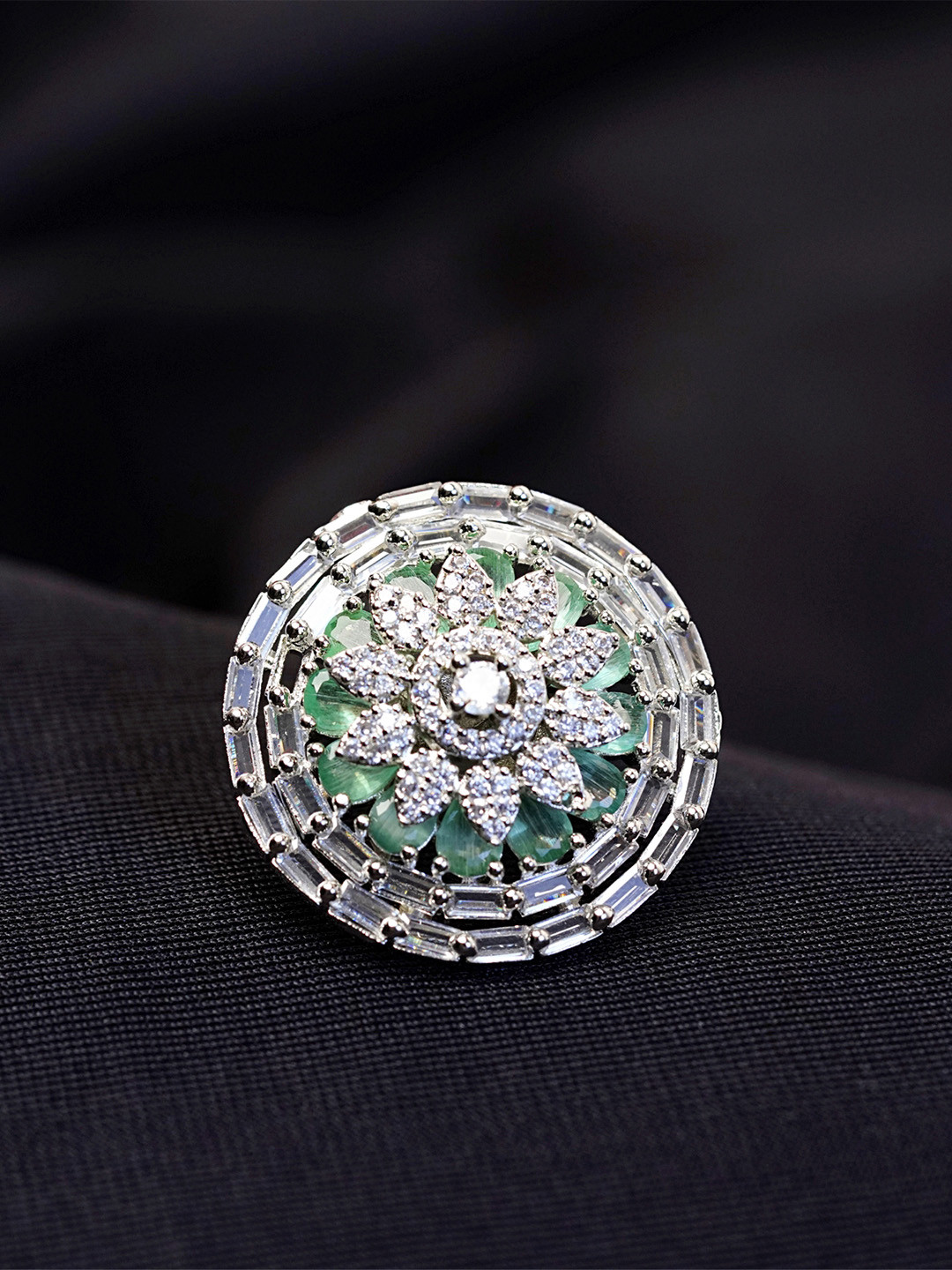 Zoey Rhodium-Plated American Diamond-Studded Finger Ring