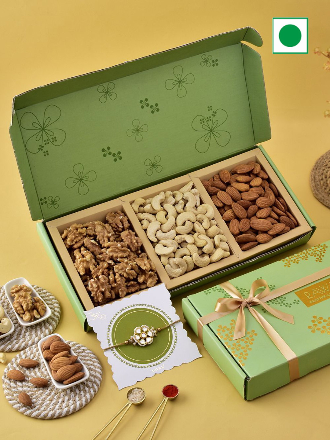 RawFruit Unisex Set Of 5 Rakhi With Dry Fruits Gift Set