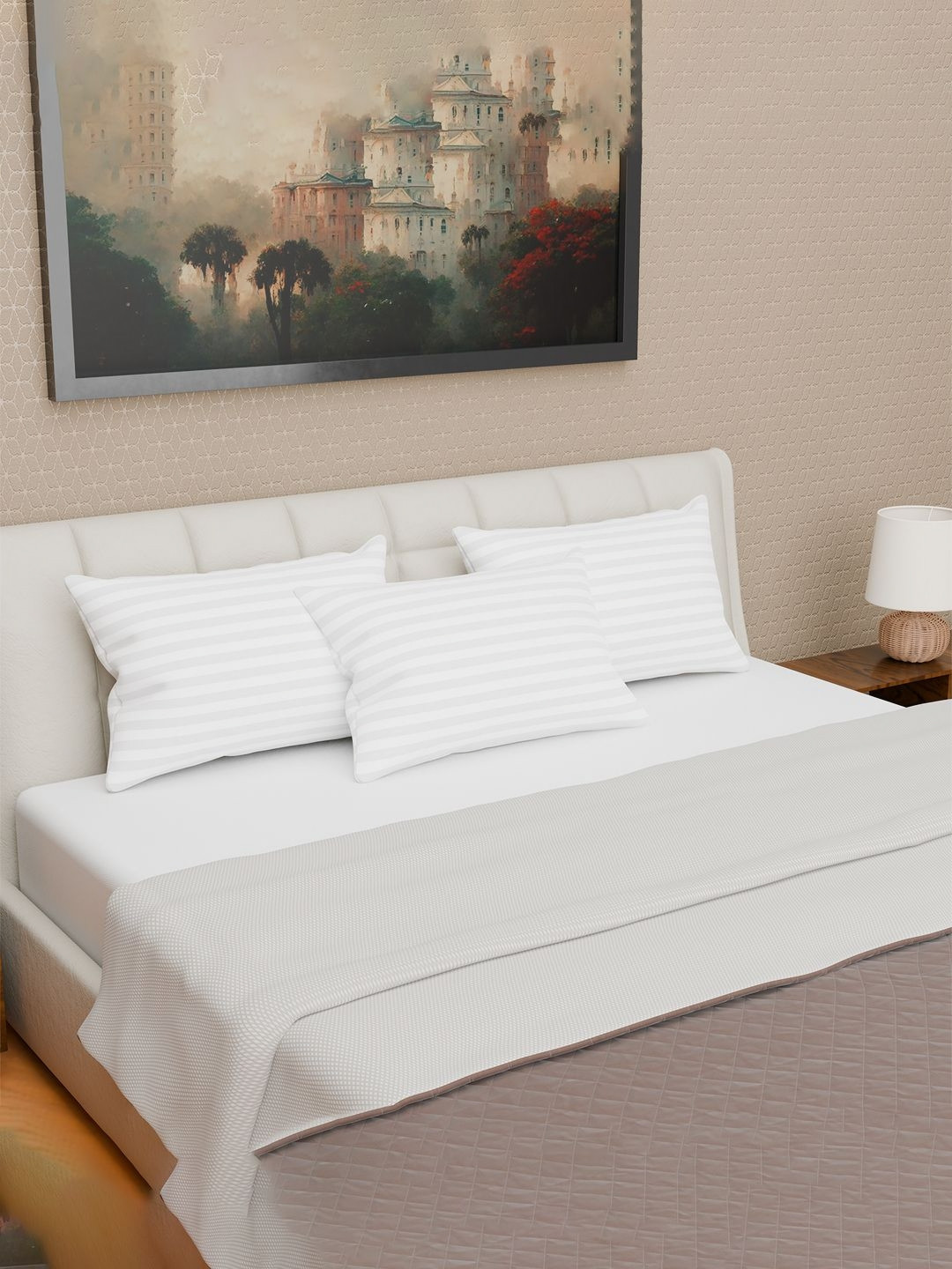 Kuber Industries White Striped Polyester Ultra Soft Set of 3 Ultra Soft Microfiber Sleep Pillow-15 x 40 x 60 cm