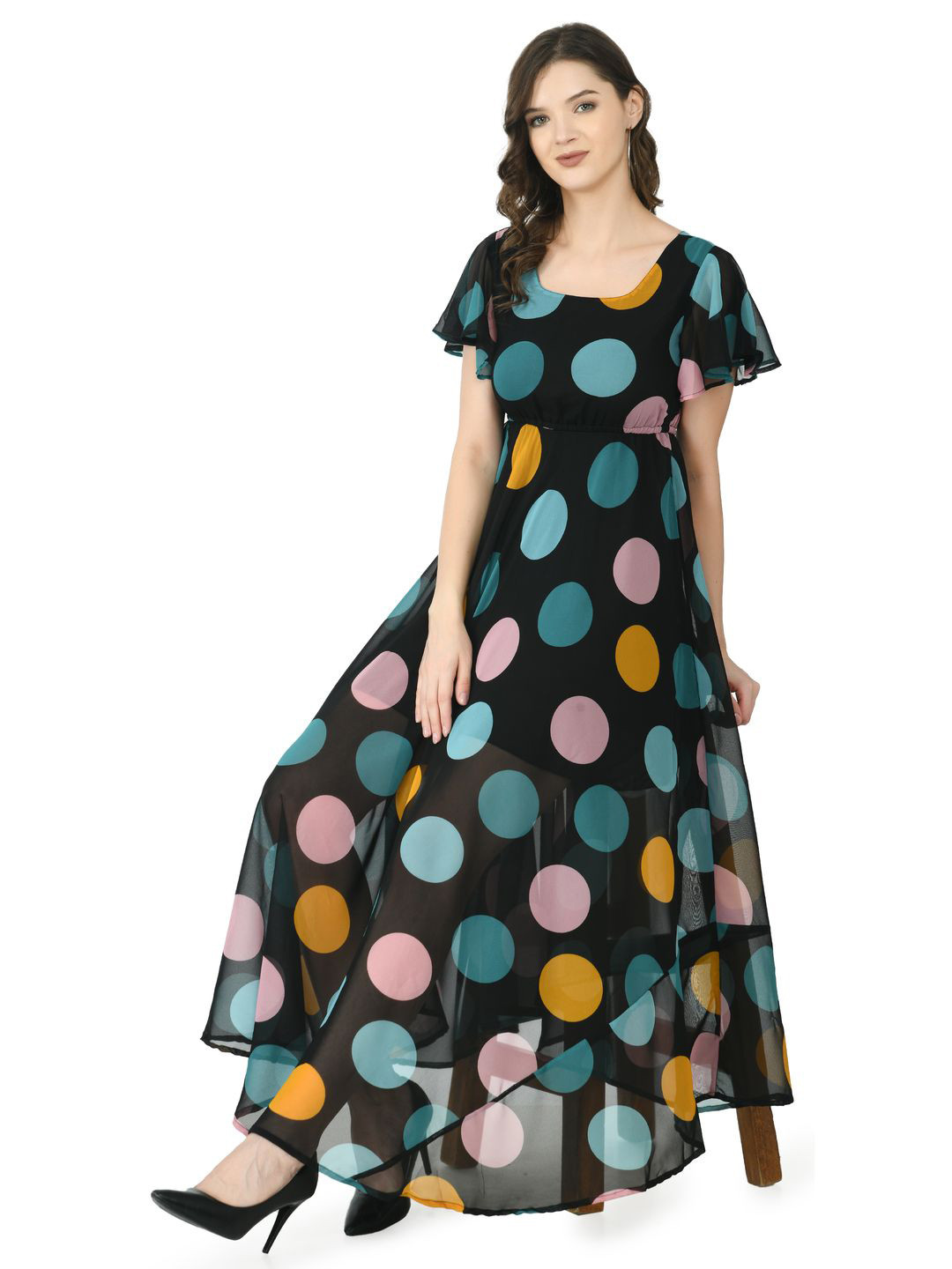 Gladly Polka Dot Print Flutter Sleeve Georgette Empire Maxi Dress