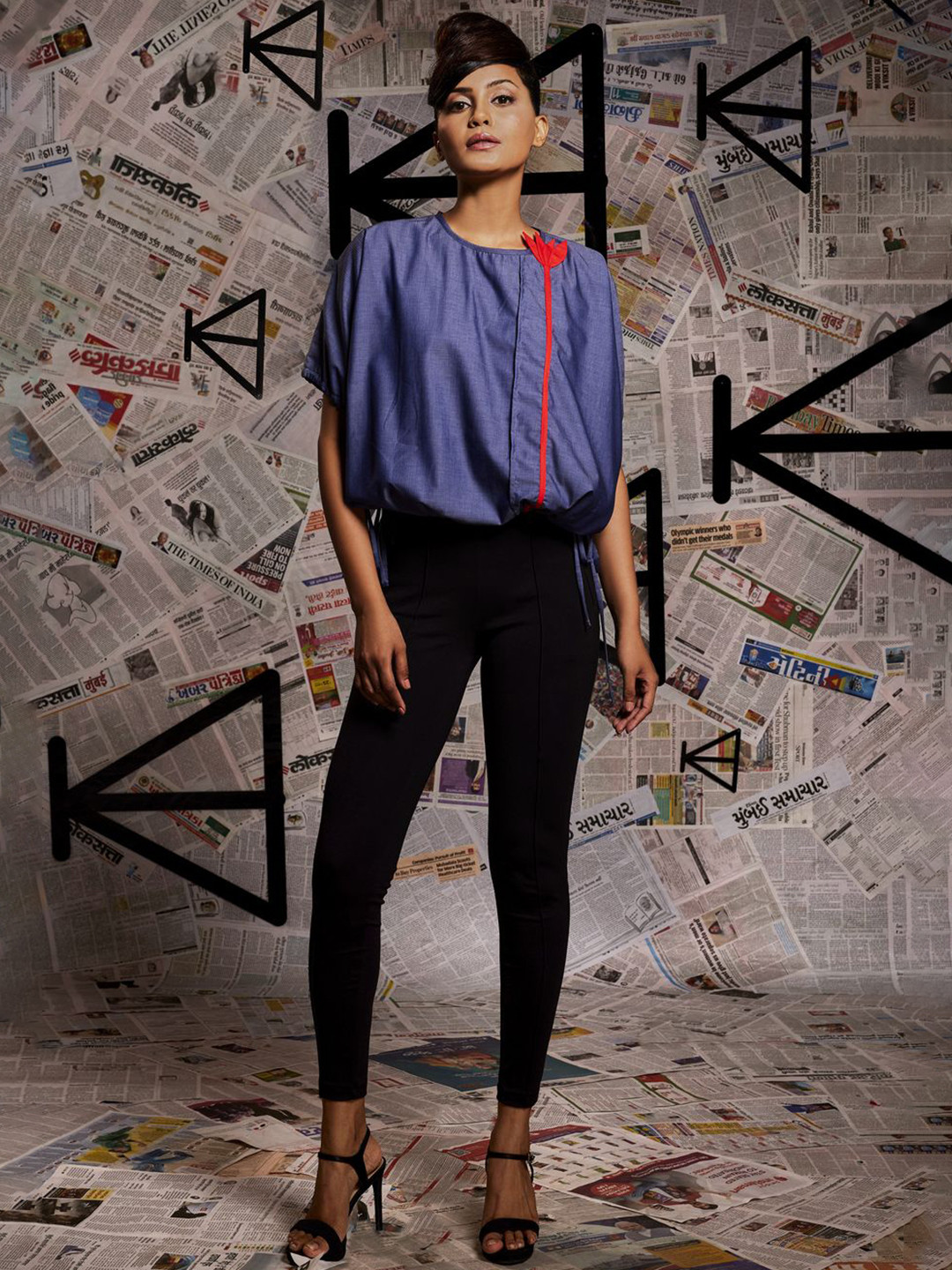 ECHKE Women Cotton Off-Shoulder Puff Sleeve Denim Blouson Top