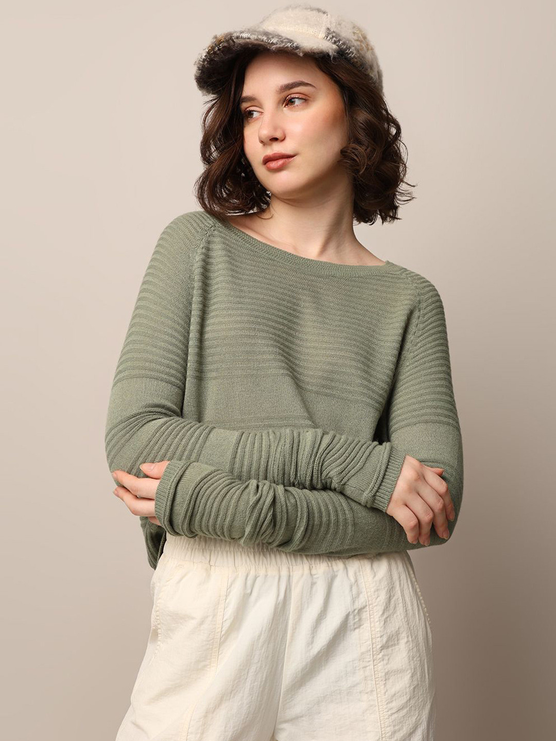 ONLY Women Boat Neck Striped Pullover Sweaters