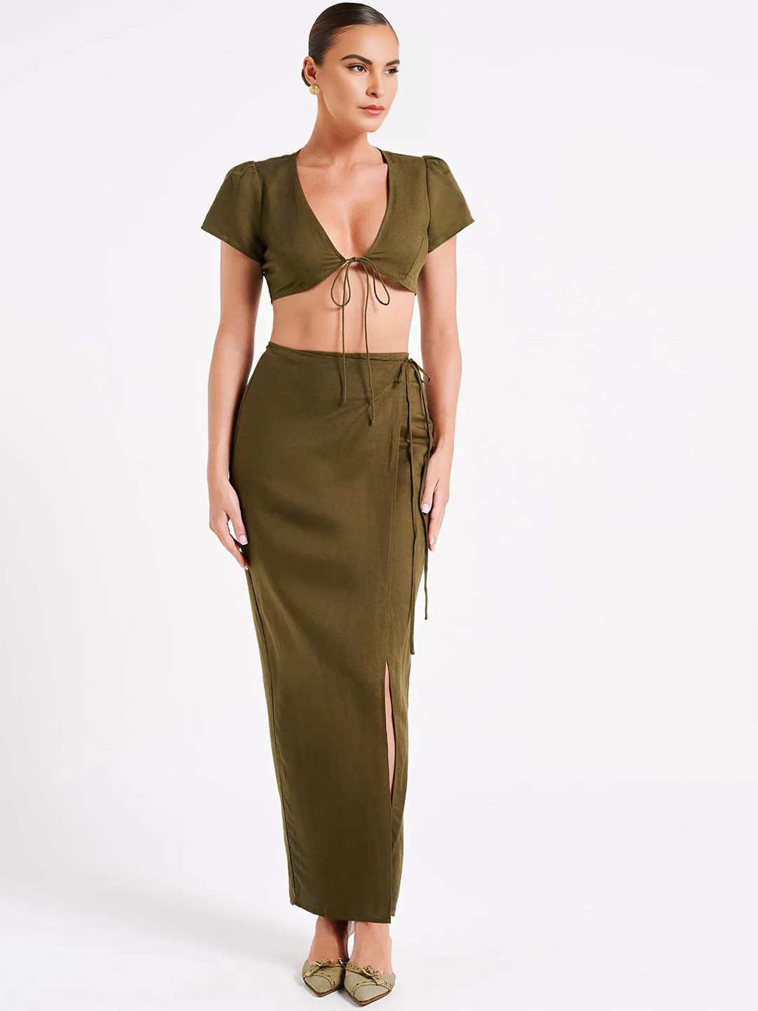 Bee Boe Island Breeze Linen Tie-Ups Crop Top With Skirt