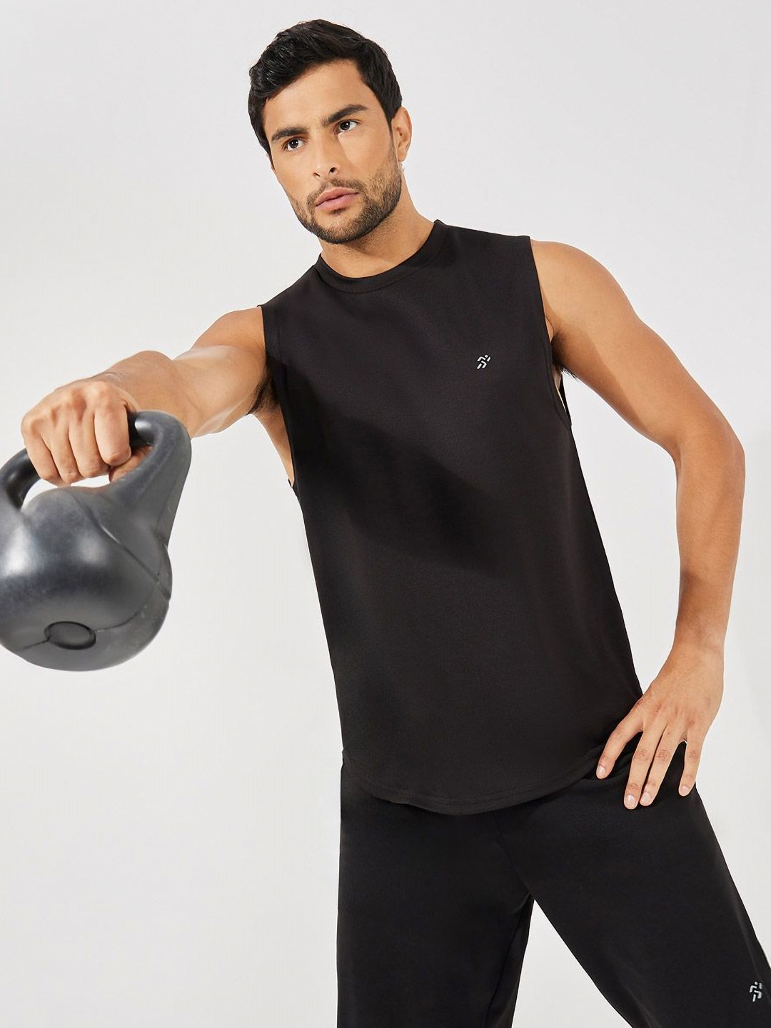 Styli Men Black Breathable Knit Mesh Tank with Side Slit and Logo detail