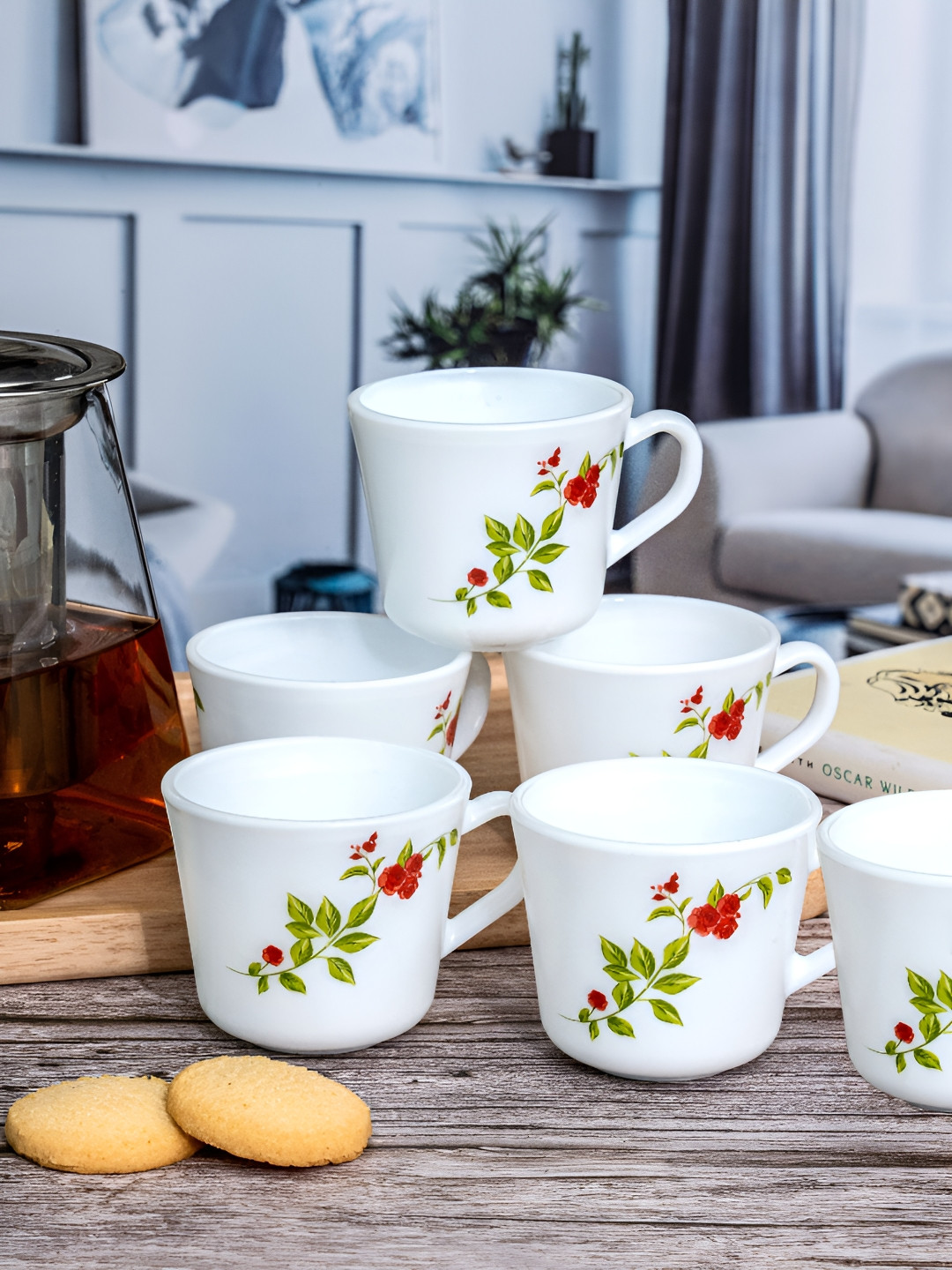 Cello 6 Pieces White & Red Floral Printed Opalware Glossy Cups 130 ml Each