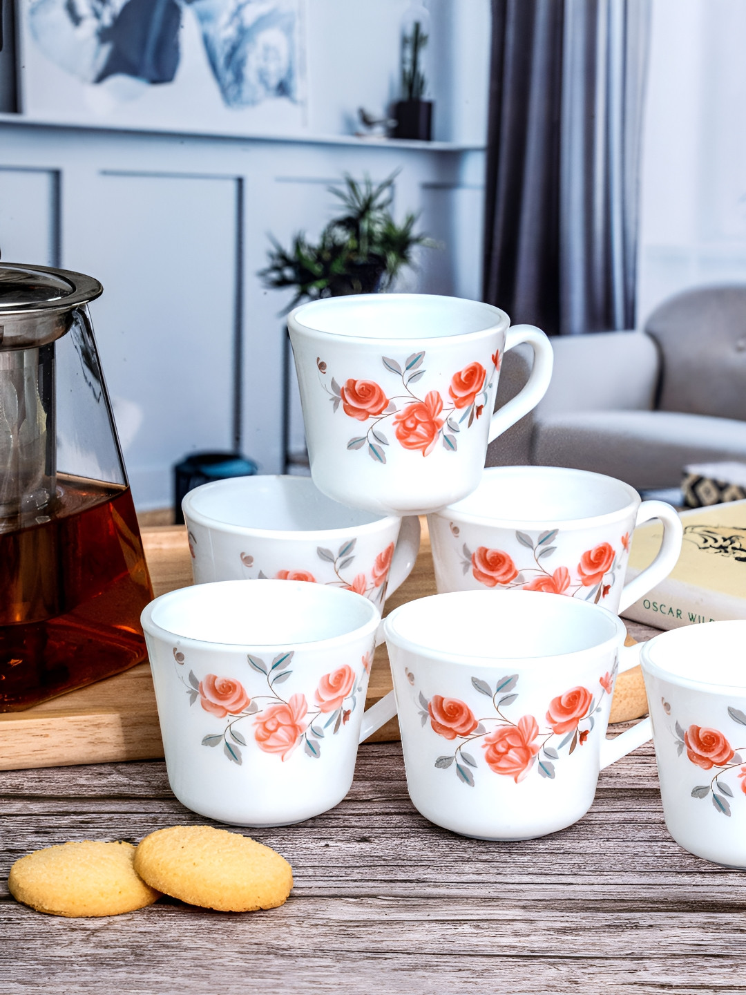 Cello White Floral Opalware Handmade 6 Piece Mugs-130ml
