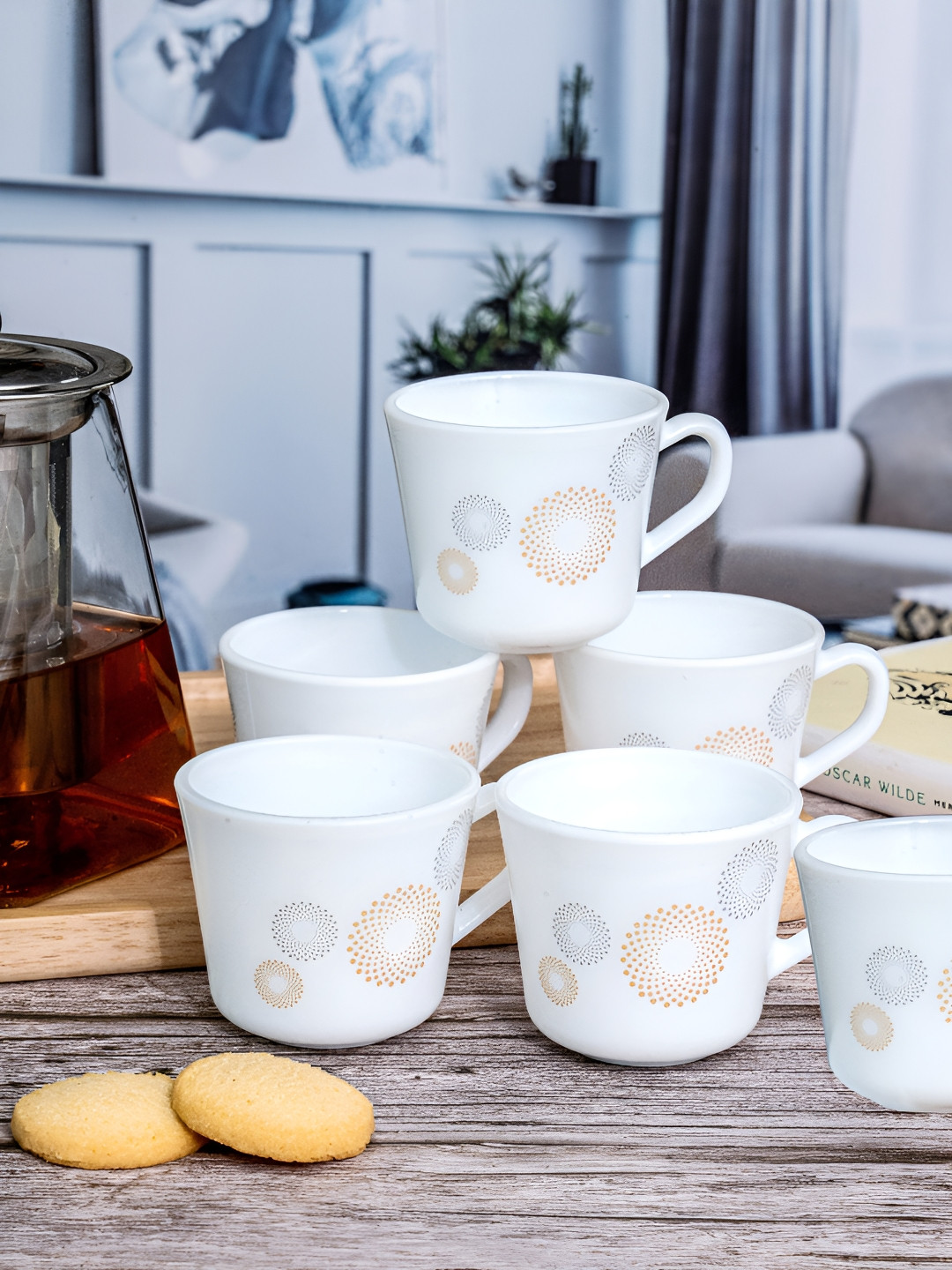 Cello White Ethnic Motifs Opalware Handmade 6 Piece Mugs-130ml