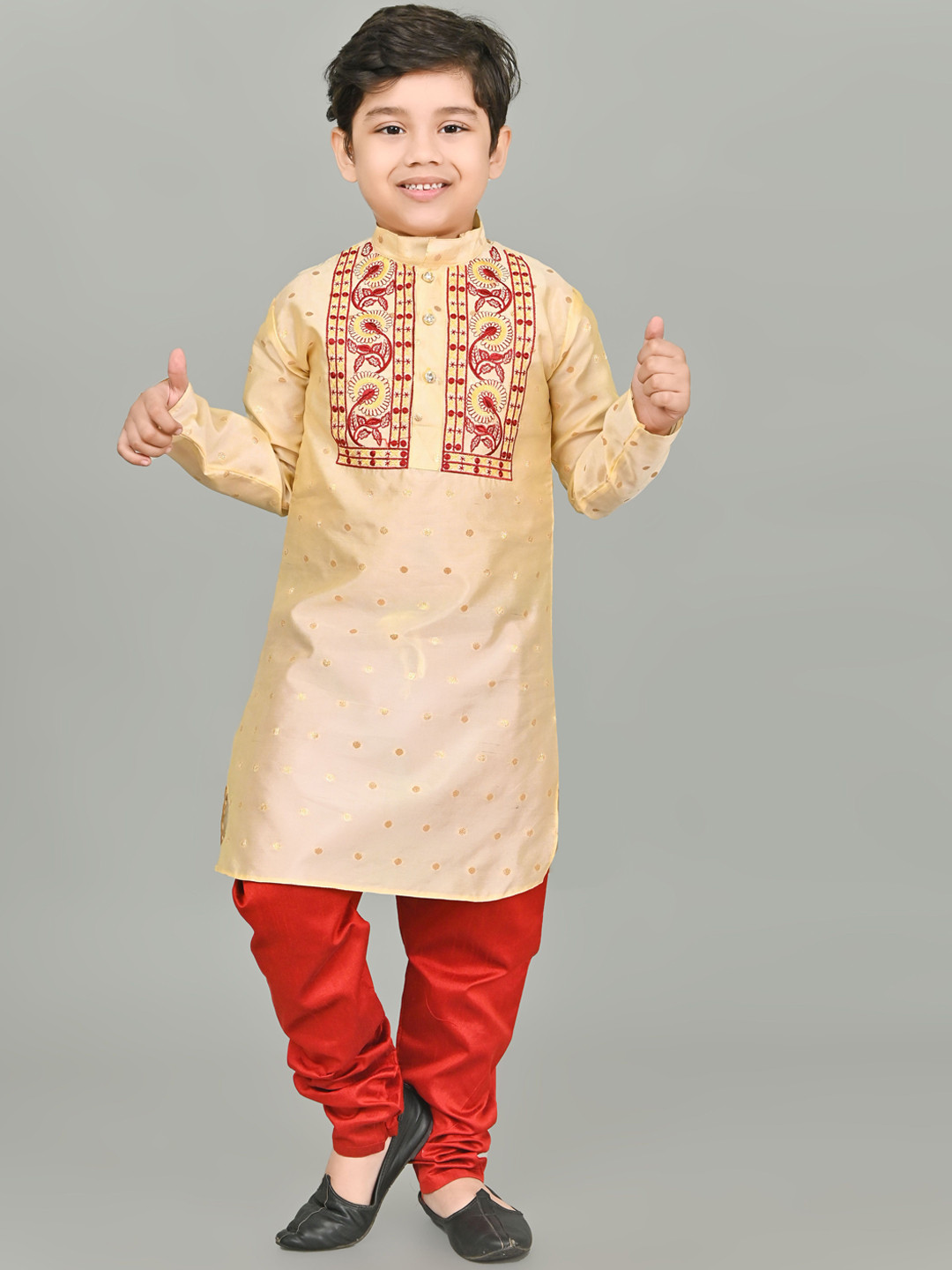 BAESD Boys Floral Embroidered Straight Thread Work Dupion Silk Kurta with Pyjamas