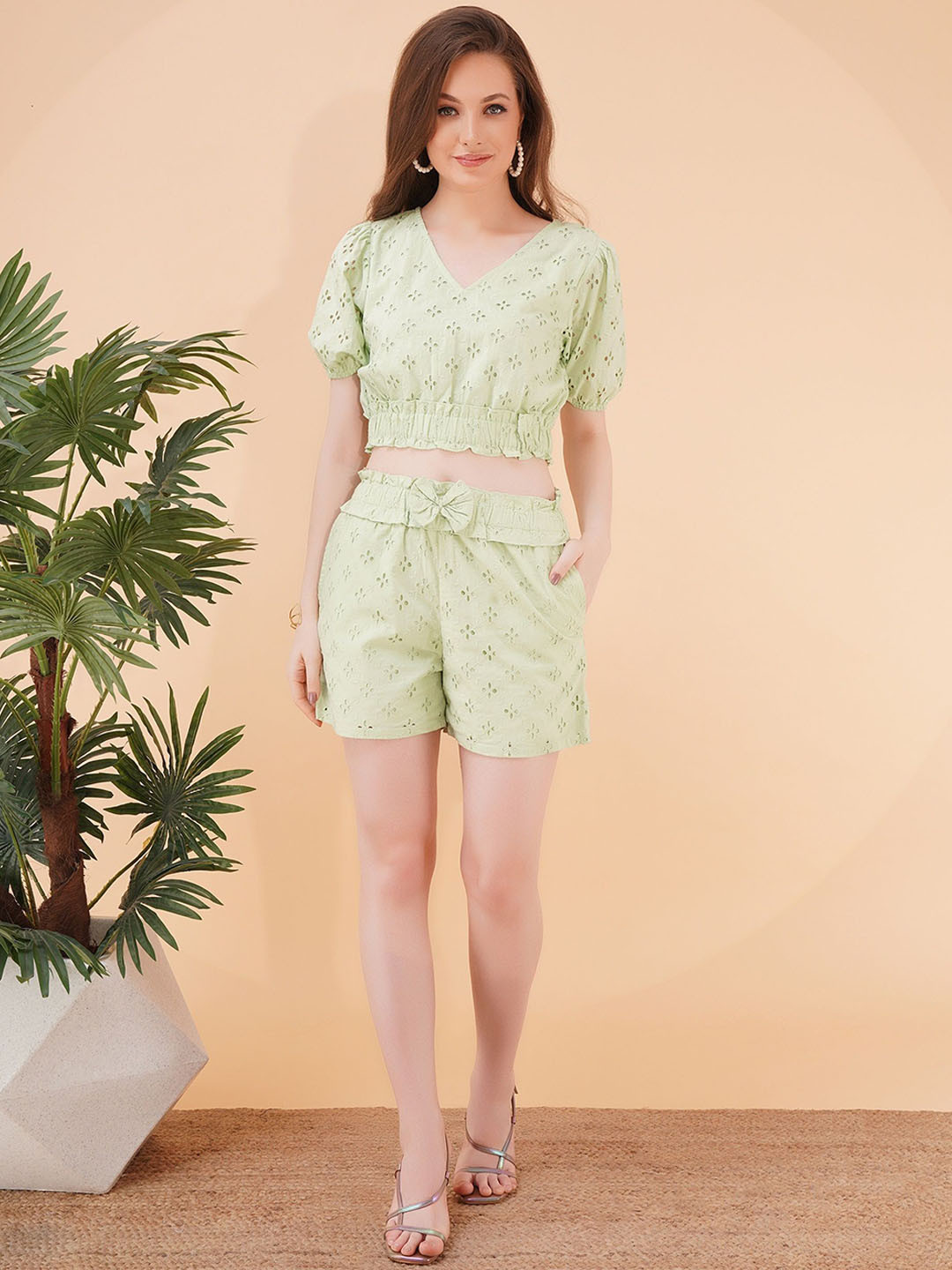 NUEVOSDAMAS Embroidered Schiffli Puffed Sleeves Pure Cotton Top With Shorts