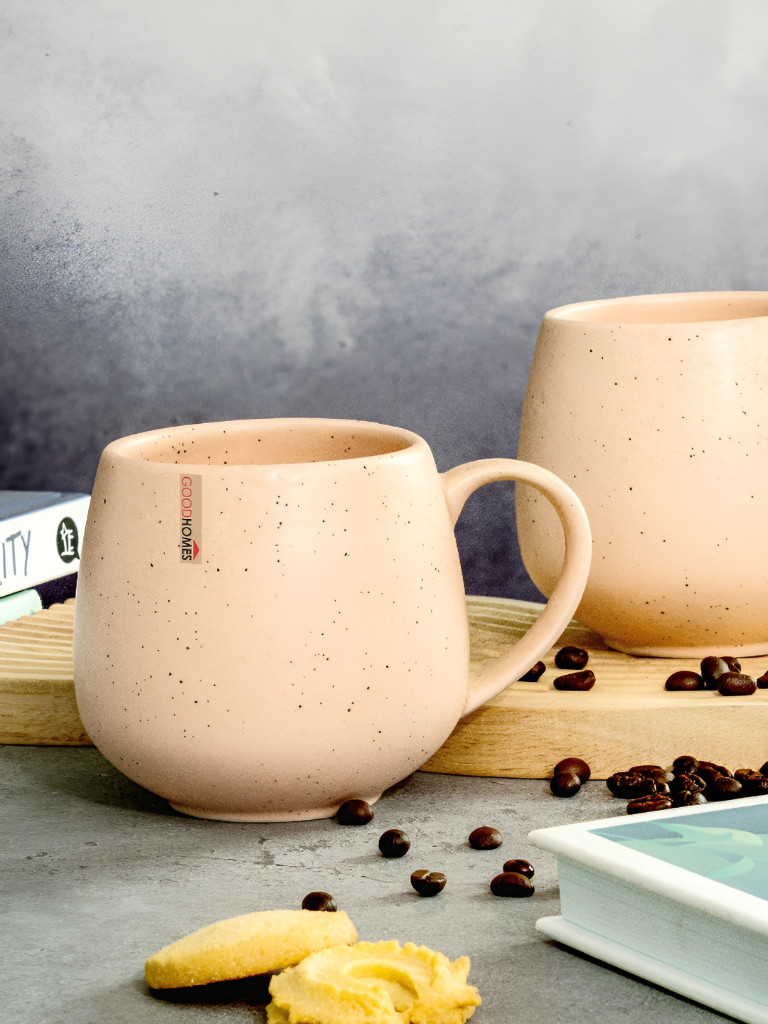 GOODHOMES Artistic Expression Peach Textured Stoneware Microwave Safe 2 Piece Mugs-400ml