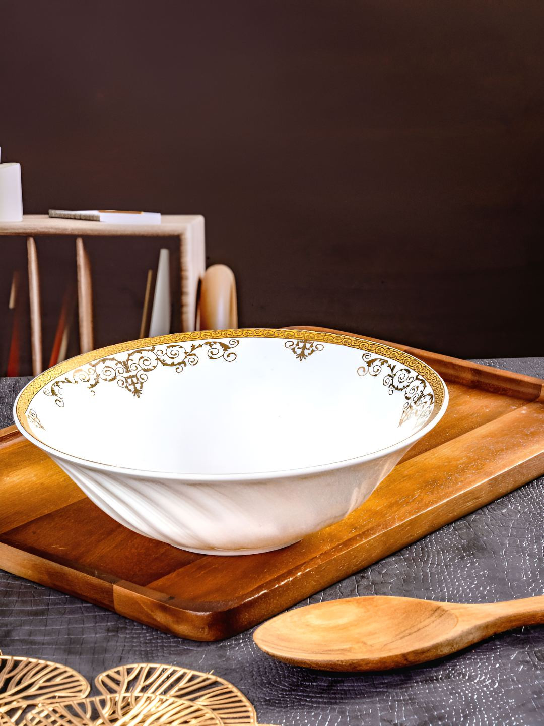 GOODHOMES White 24k Gold Printed Glossy Serving Bowl