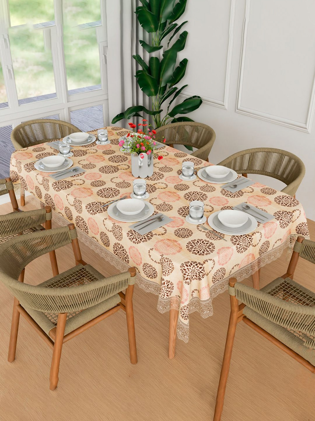 Kuber Industries Cream & Pink Floral Printed Rectangle Waterproof Dining Table Cover