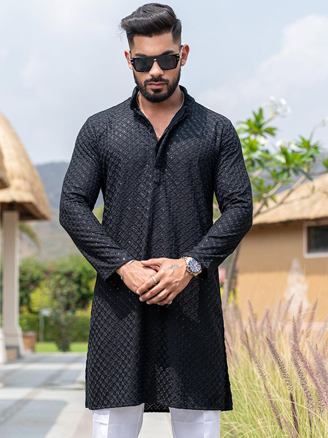 FoxDX Floral Embroidered Sequinned Mandarin Collar Straight Kurta