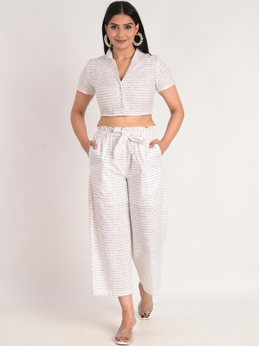 KIZI Printed Shawl Neck Linen Top With Palazzos