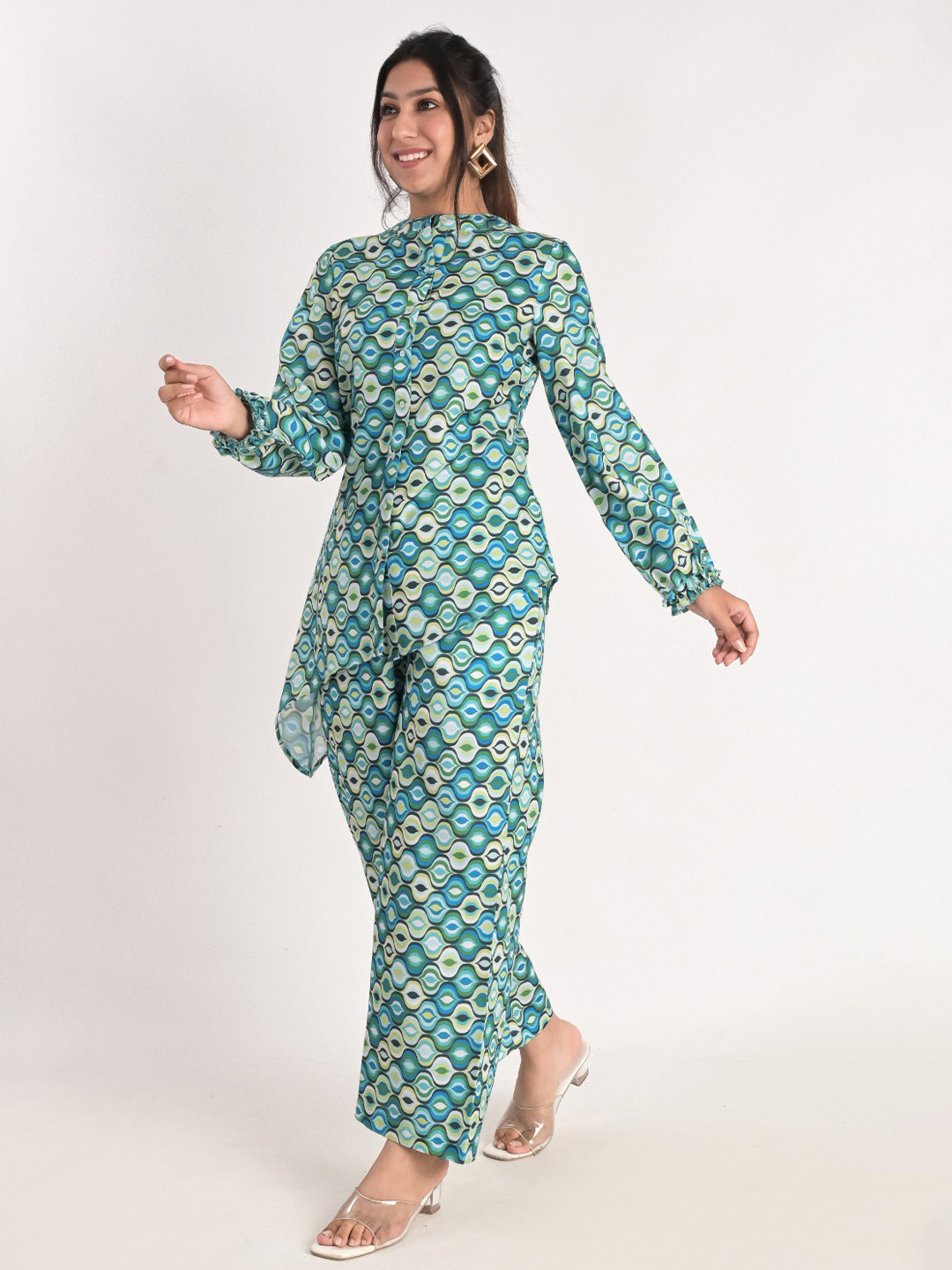 KIZI Geometric Printed Mandarin Collar Top & Palazzos