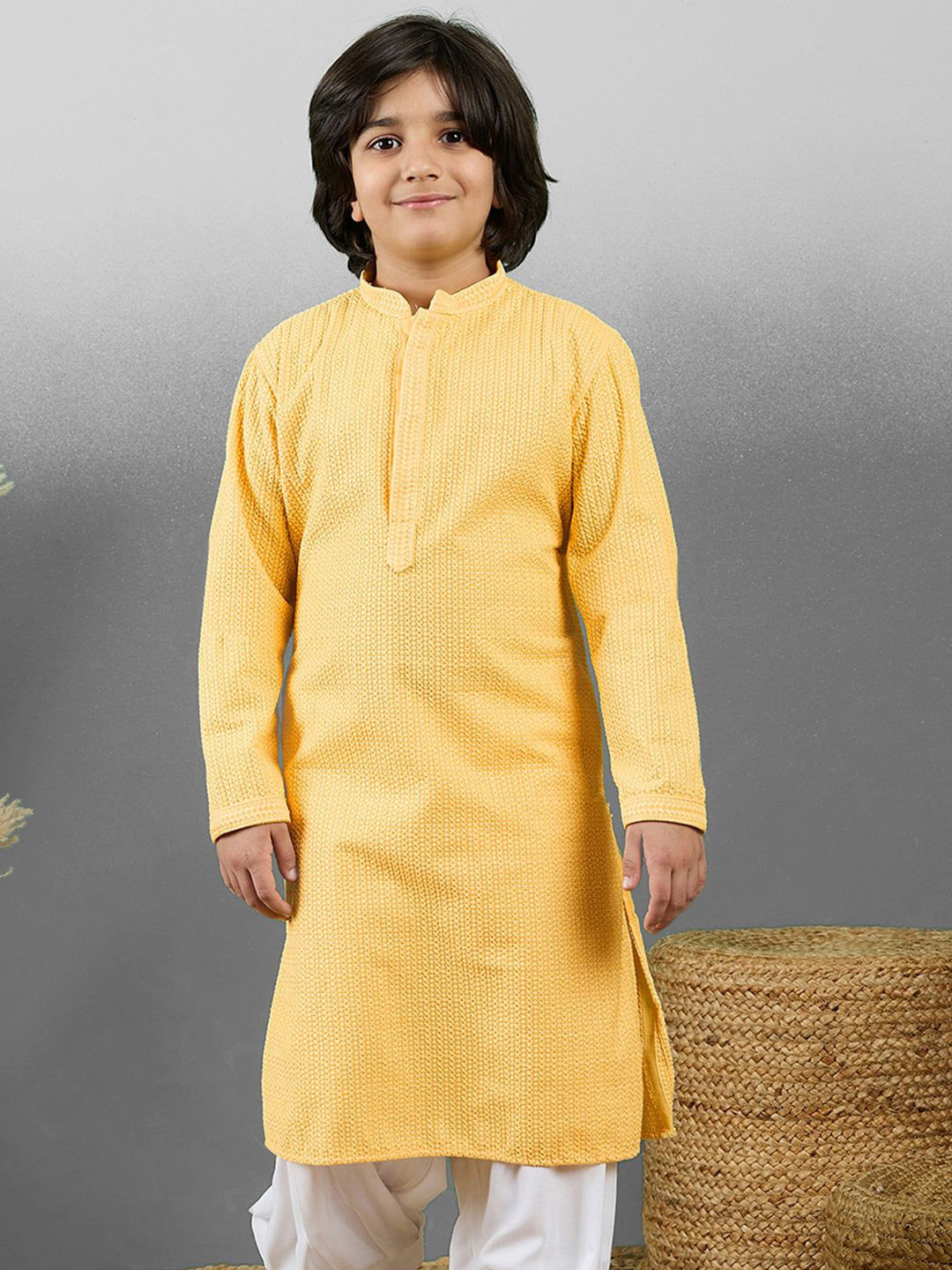 YK Boys Striped Embroidered Chikankari Mandarin Collar Cotton Straight Kurta