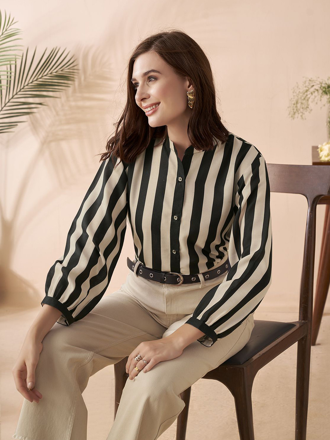 Anouk Black & White Striped Casual Shirt with Mandarin Collar