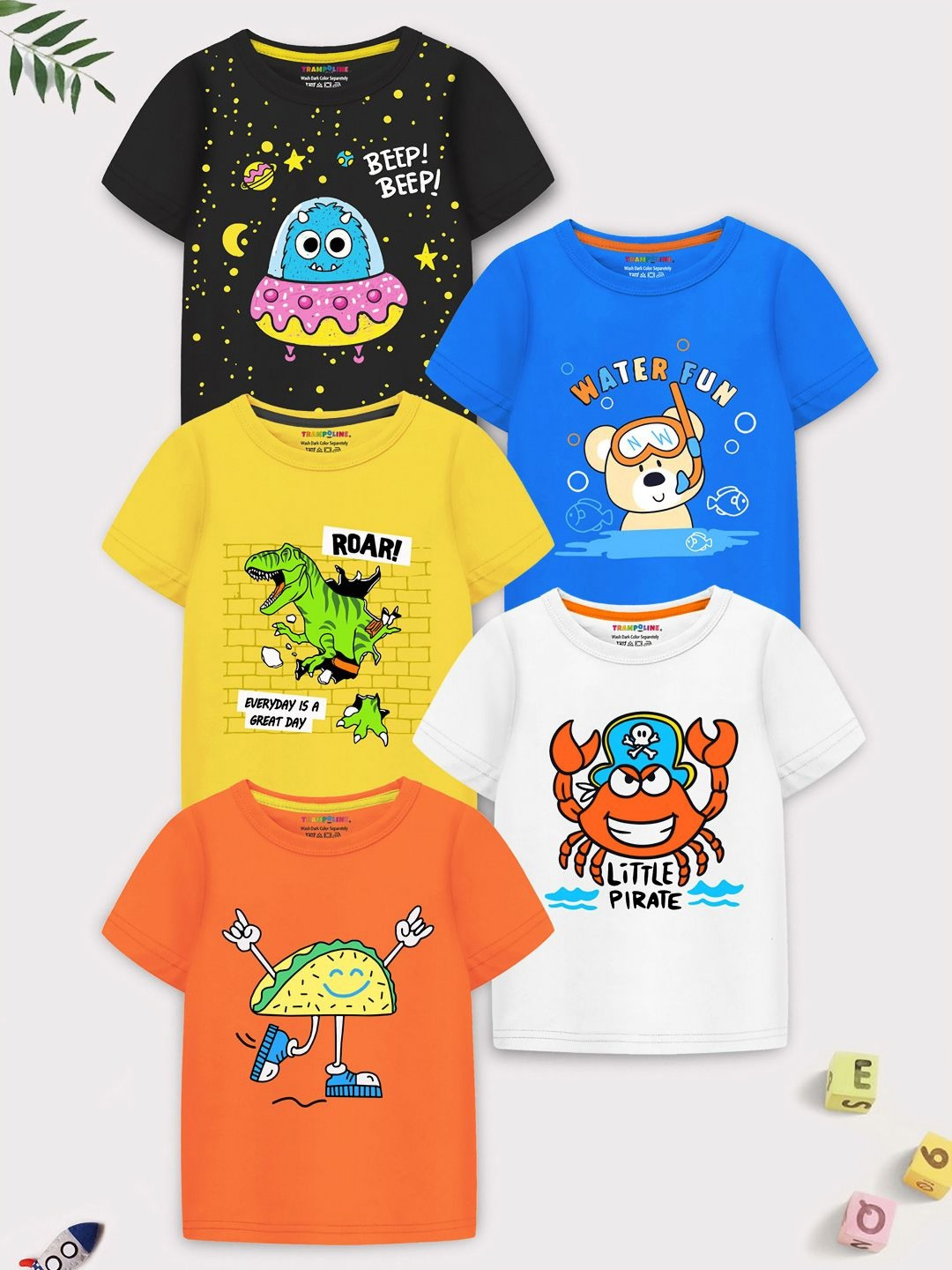 YK X Trampoline Boys Pack Of 5 Typography Printed Round Neck T-shirts