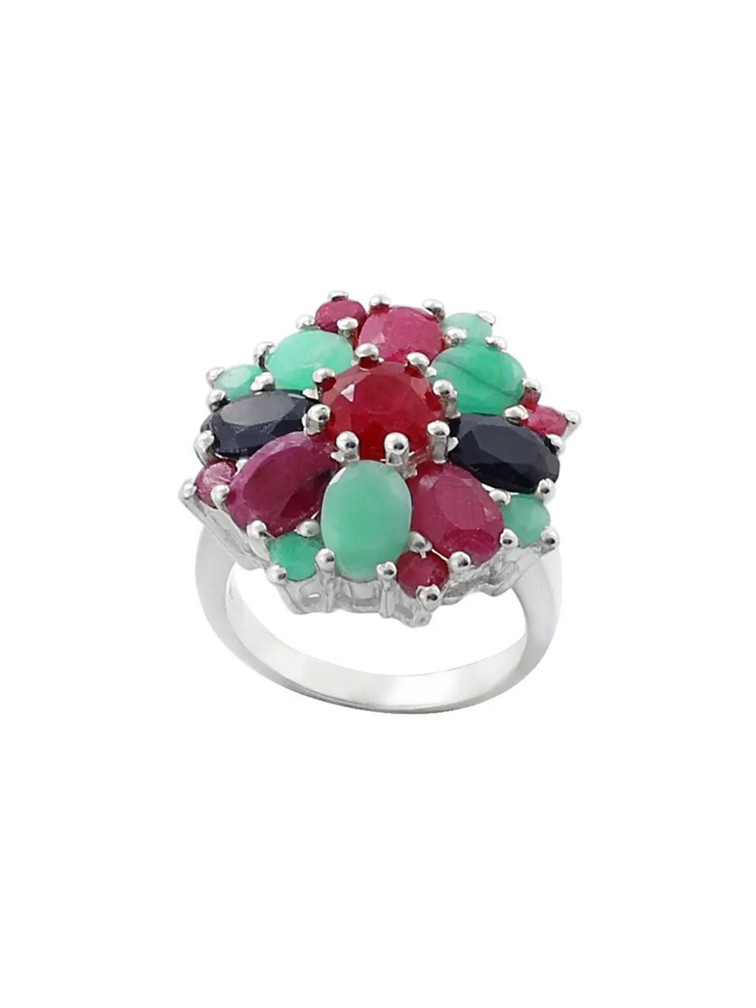 Exotic India Precious Ruby, Emerald, Sapphire Gemstone Sterling Silver Ring