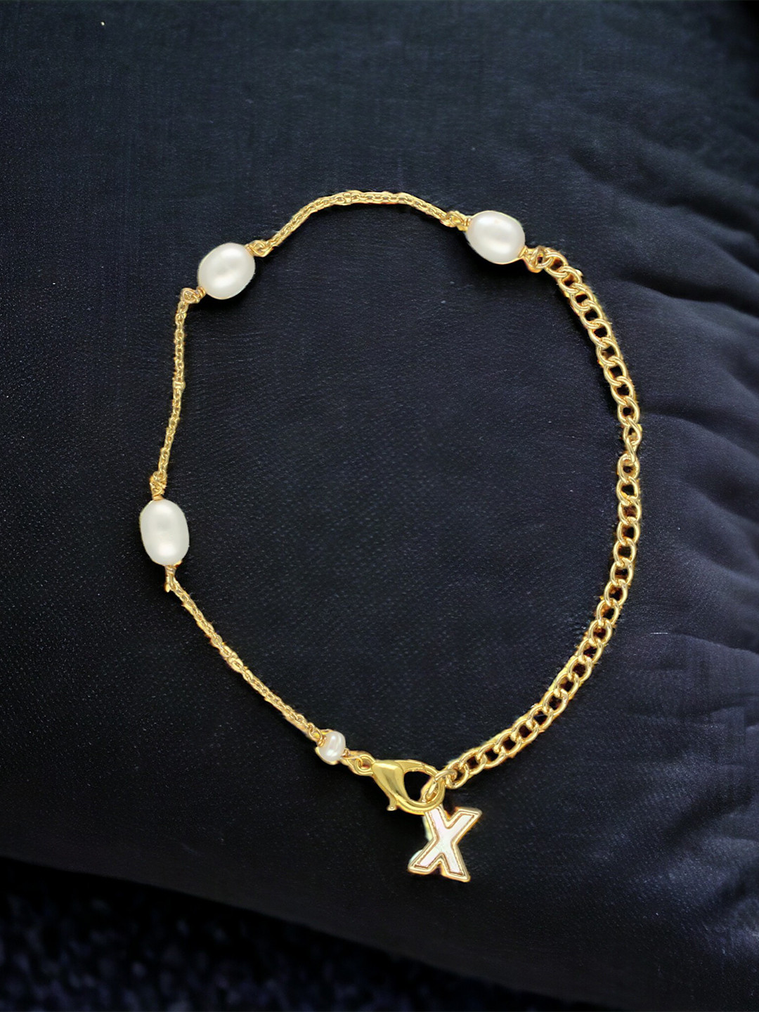 Sri Jagdamba Pearls Dealer Gold-Plated Mother of Pearl Studded X Alphabet Charm Bracelet