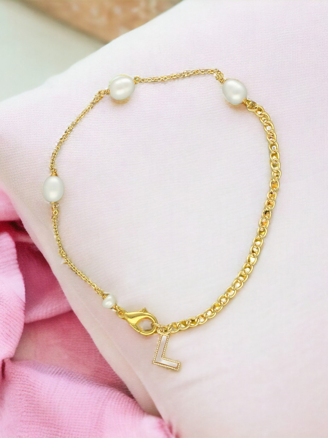 Sri Jagdamba Pearls Dealer Gold-Plated Mother of Pearl Studded L Alphabet Charm Bracelet