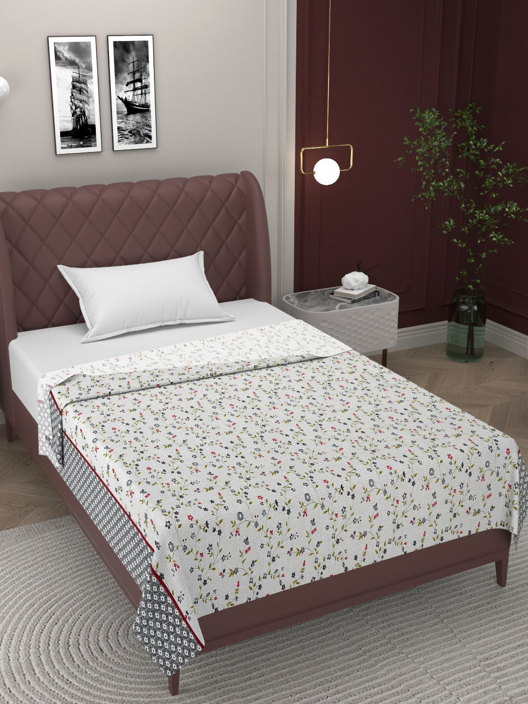 BELVOSTUM Grey & White Floral Printed 300 TC Pure Cotton 2 Single Topsheet And Dohar