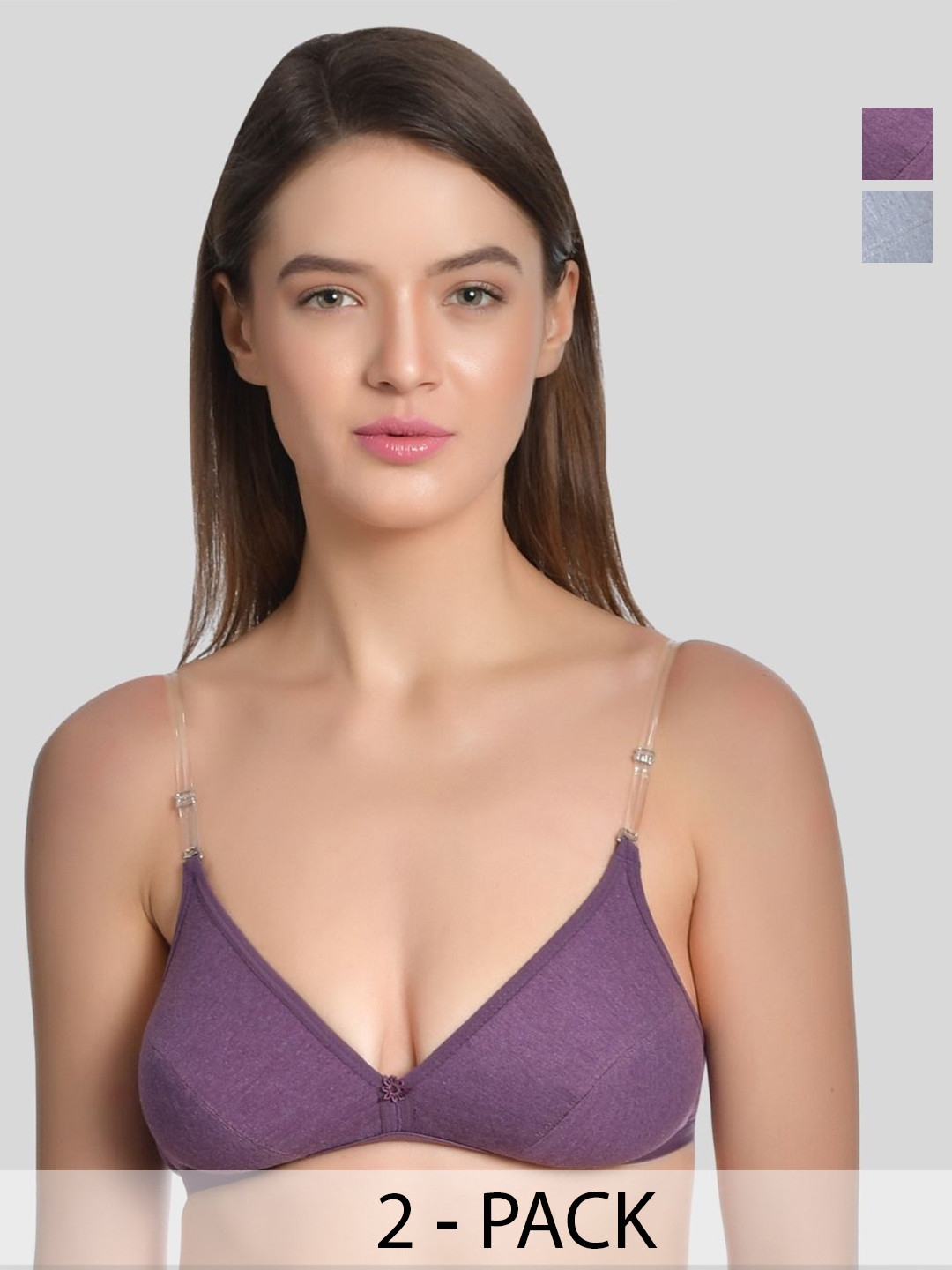 Aimly Pack of 2 Cotton Non-Padded Low Coverage Trasparent Straps Bra 114_PURPLE_GREY_P2